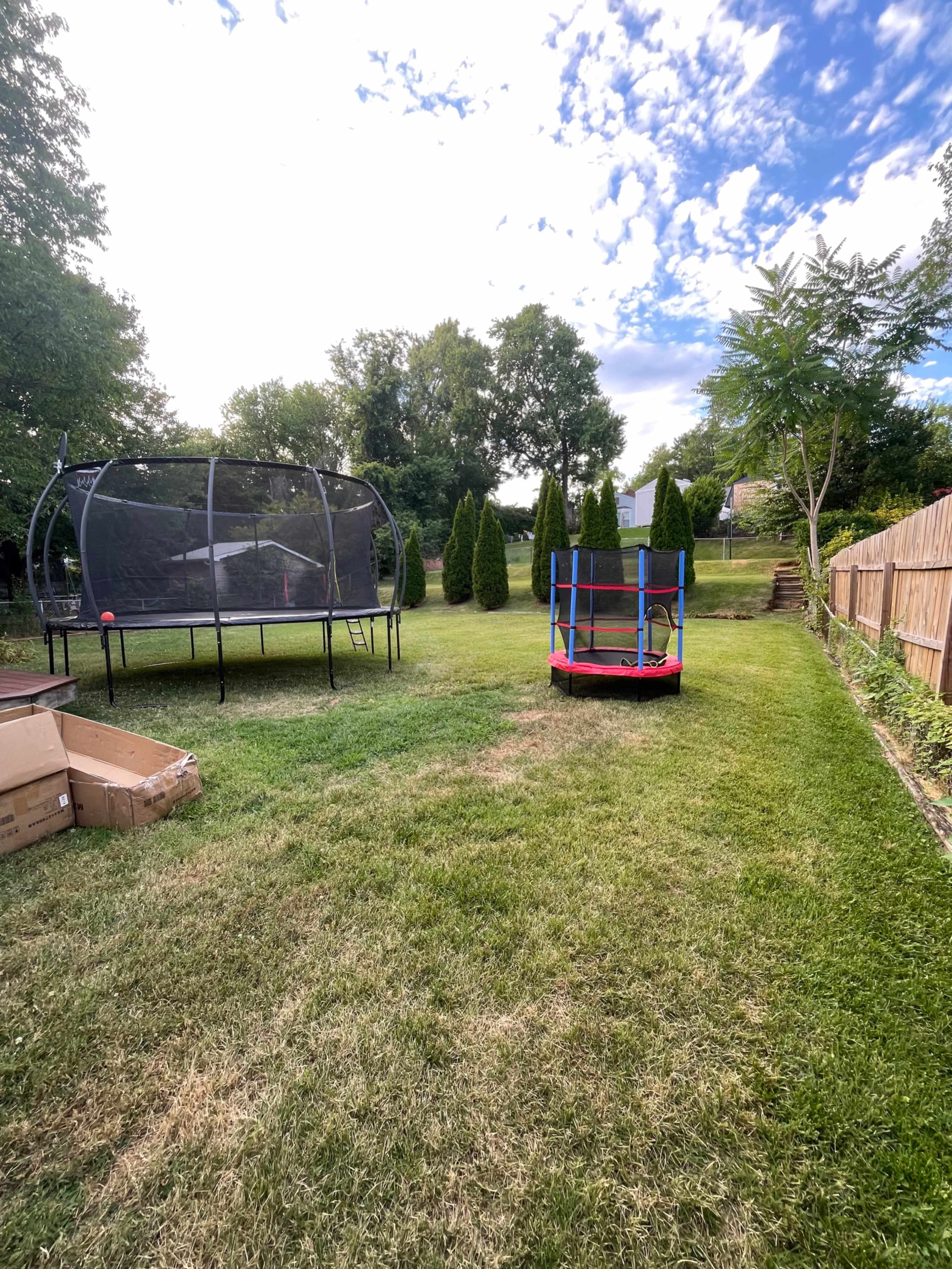 A grassy backyard featuring a trampoline on the left and a colorful bounce house on the right, with trees and a wooden fence in the background.