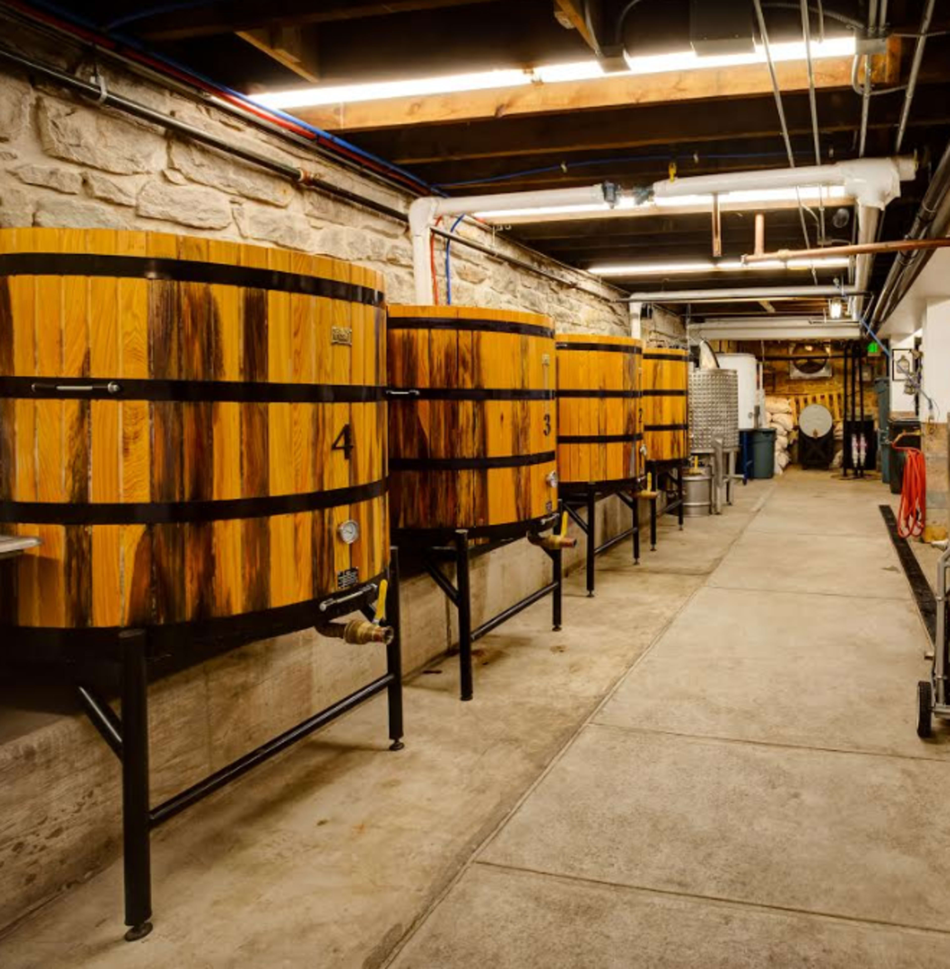 A lined row of large wooden fermentation barrels in a dimly lit cellar with exposed beams and concrete flooring.