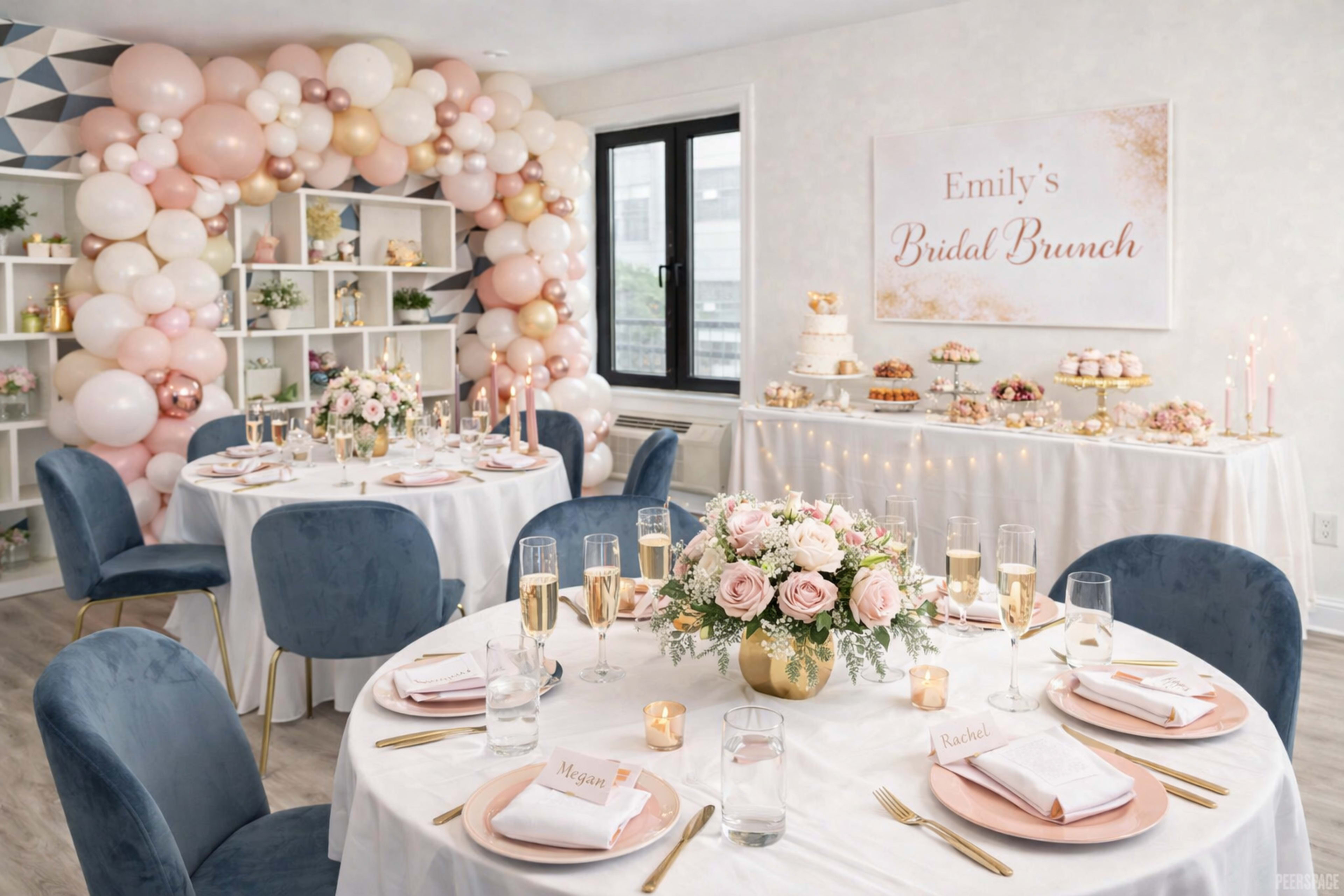 The image depicts a elegantly decorated room for a bridal brunch, featuring a table set with white linens, floral centerpieces, and a dessert display in front of a balloon backdrop.