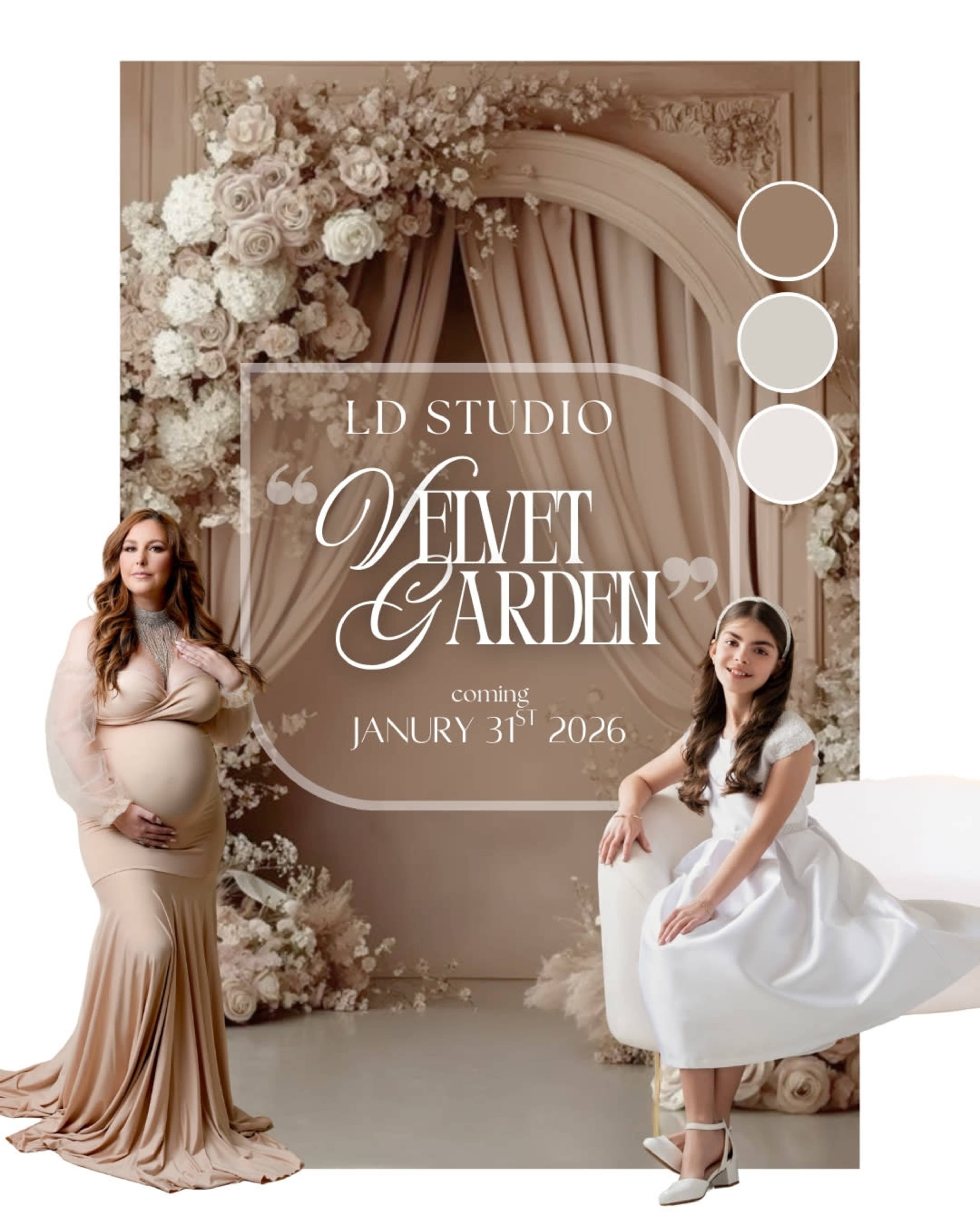 The image features a promotional design for "Velvet Garden" by LD Studio, showcasing a backdrop of floral decorations and draped fabric, with a pregnant woman in a beige gown and a girl in a white dress seated nearby.
