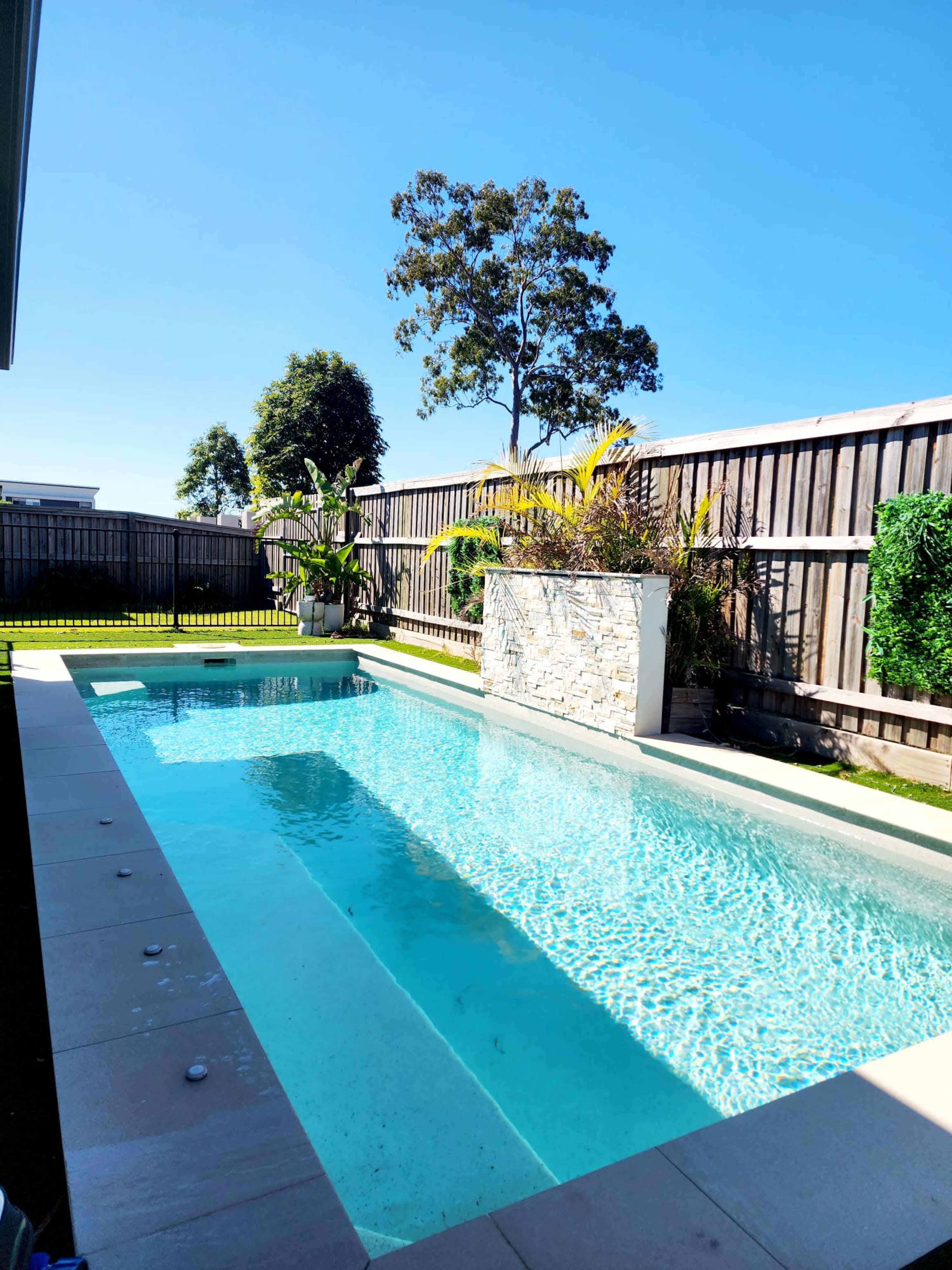 A rectangular swimming pool is surrounded by landscaped greenery and wooden fencing under a clear blue sky.