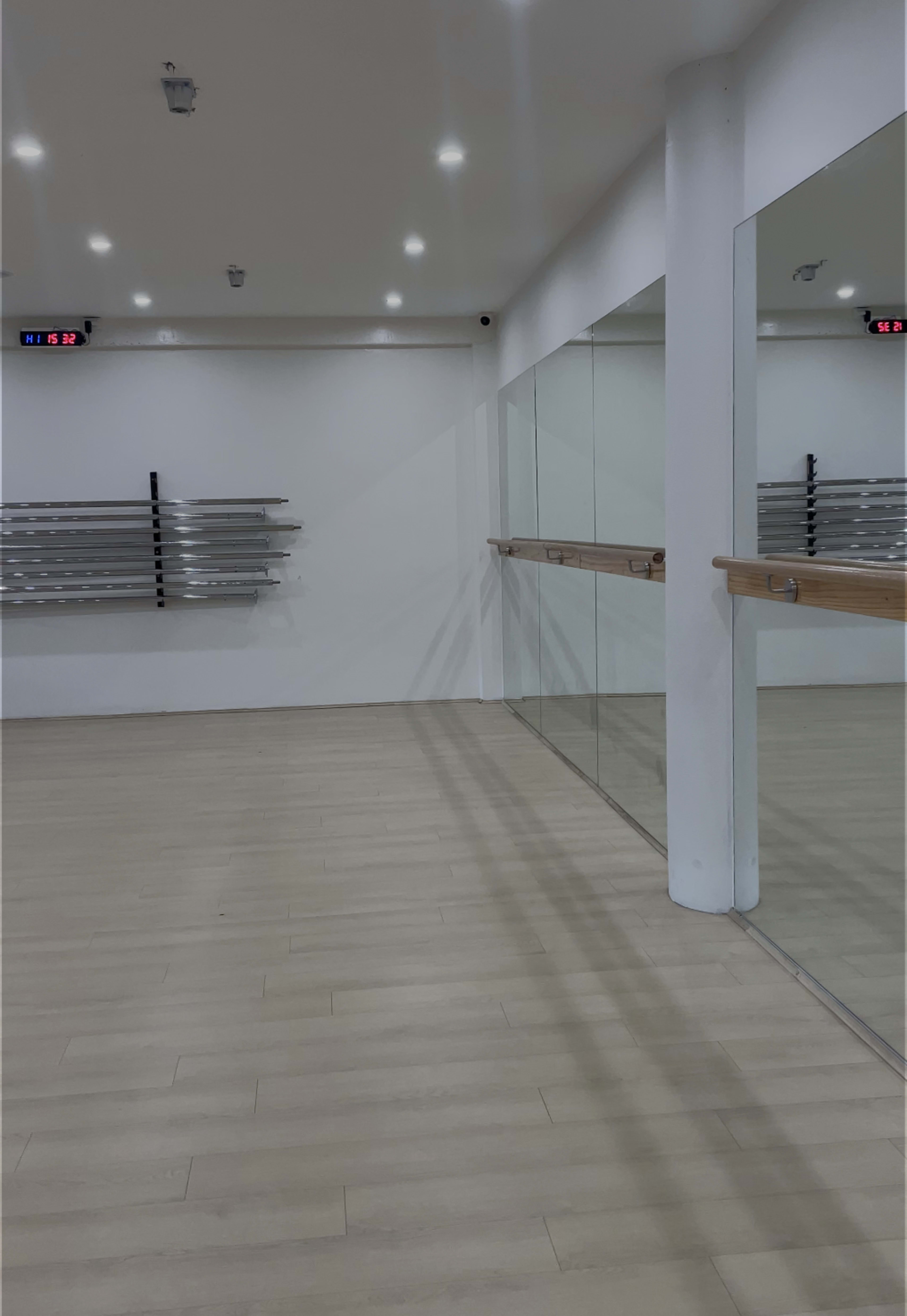 A spacious dance studio with wooden flooring, mirrored walls, and a barre along one side.
