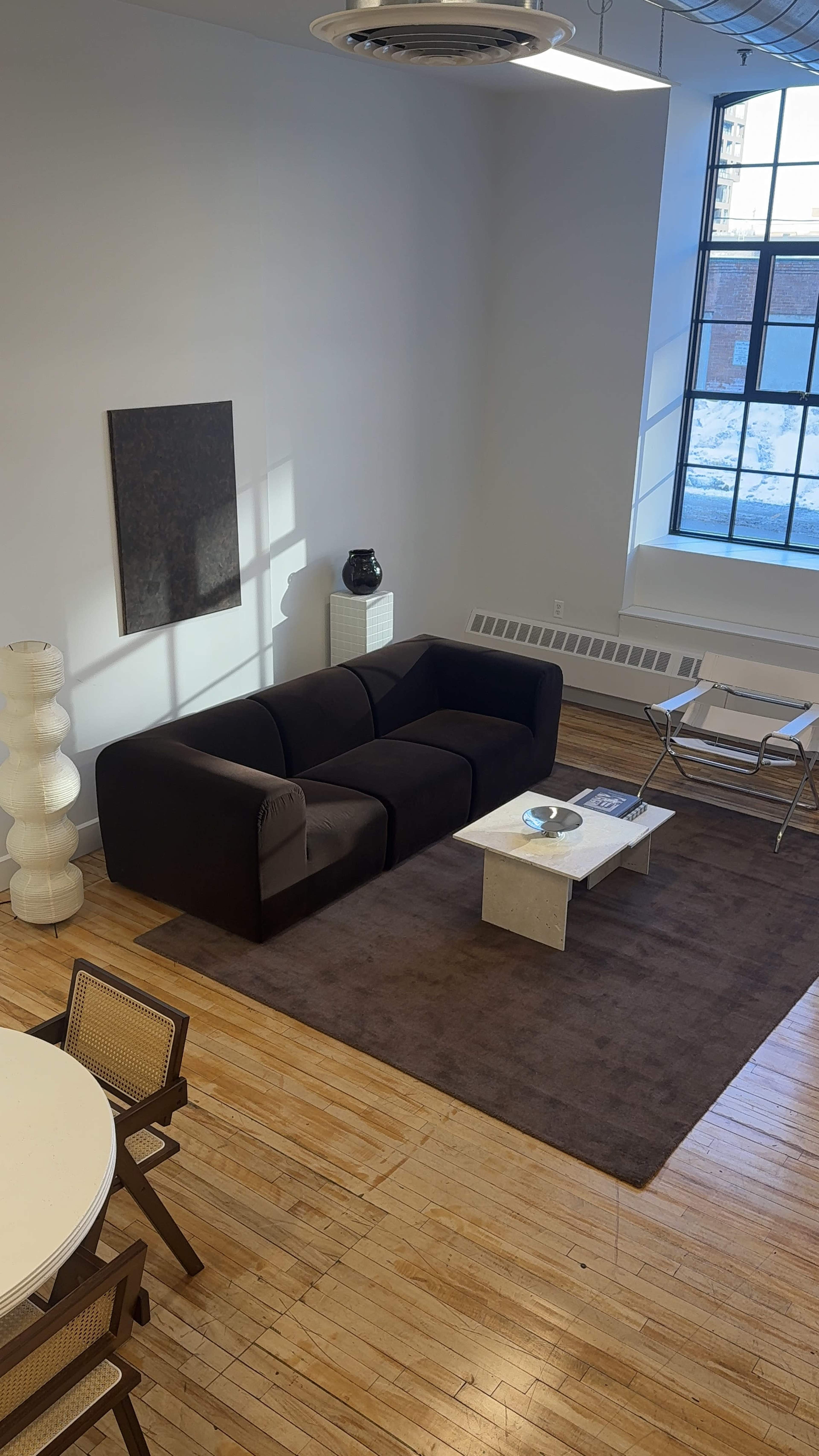 The image shows a modern living space featuring a black couch, a white coffee table, a light-colored rug, and a large window allowing sunlight to illuminate the room.