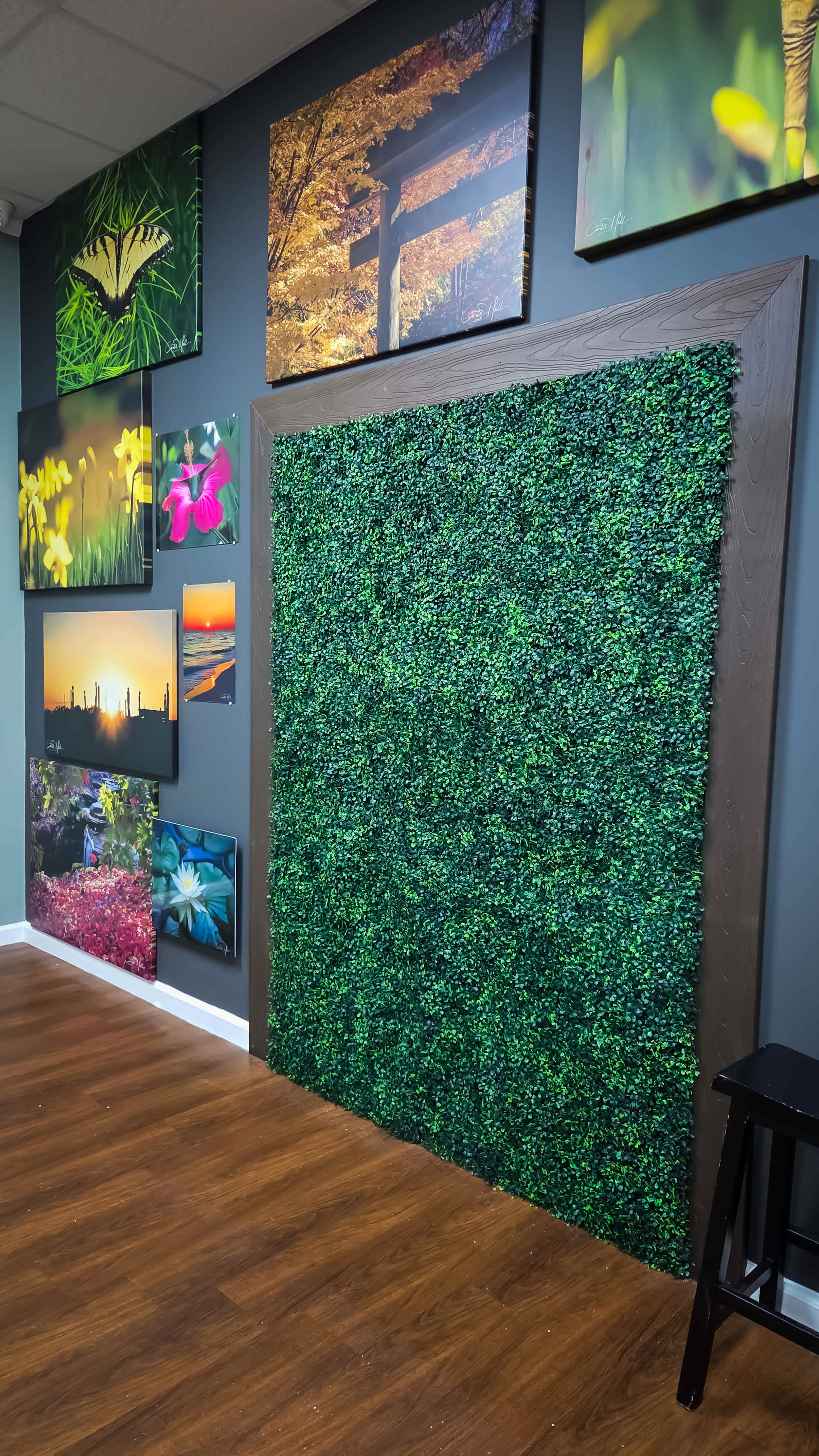 A wall covered in artificial greenery is framed by a wooden border, with various landscape and floral photographs hung on the adjacent walls.