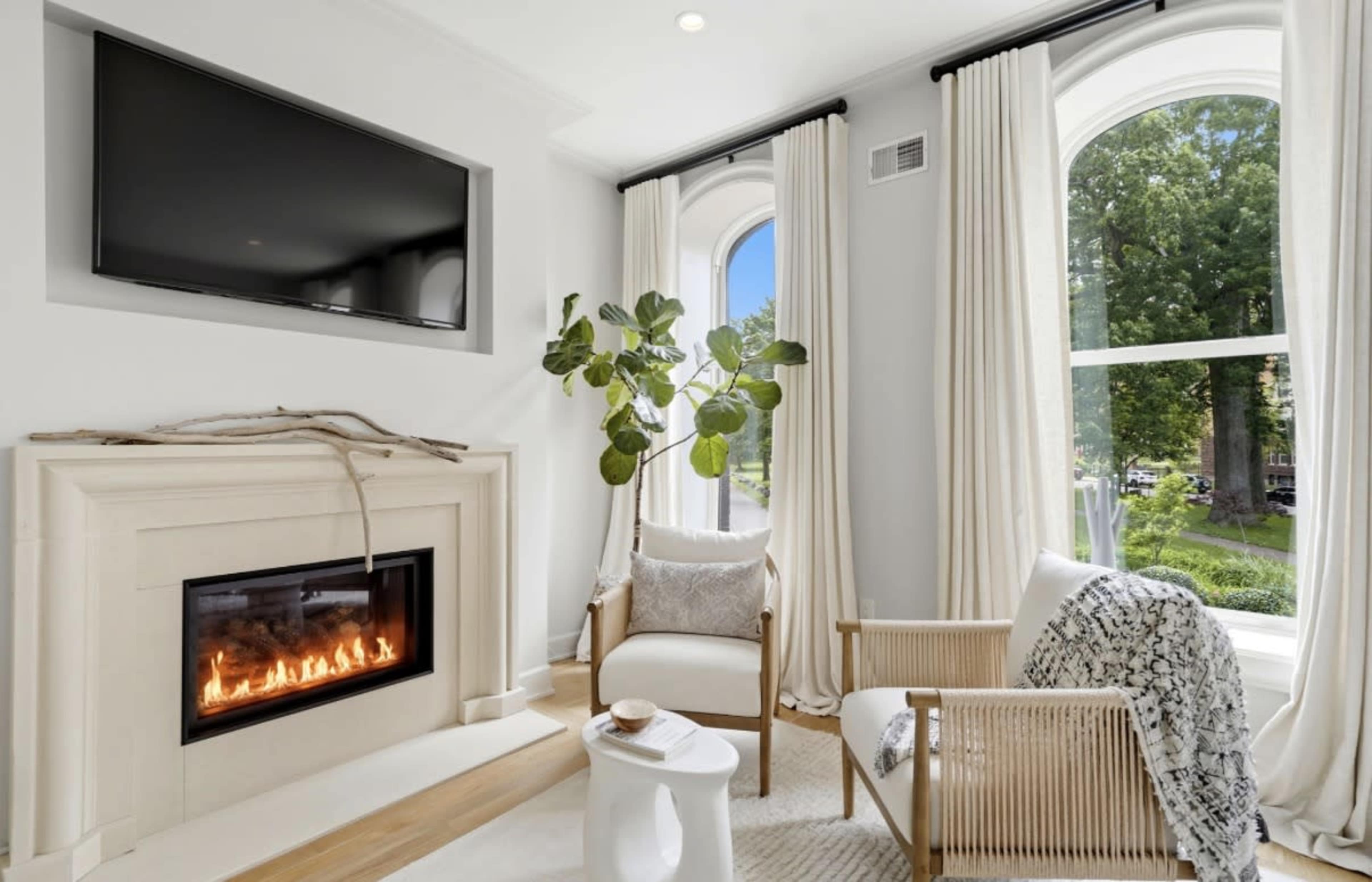 The image shows a modern living room featuring a fireplace, a television mounted on the wall, a potted plant, and large windows with light curtains.
