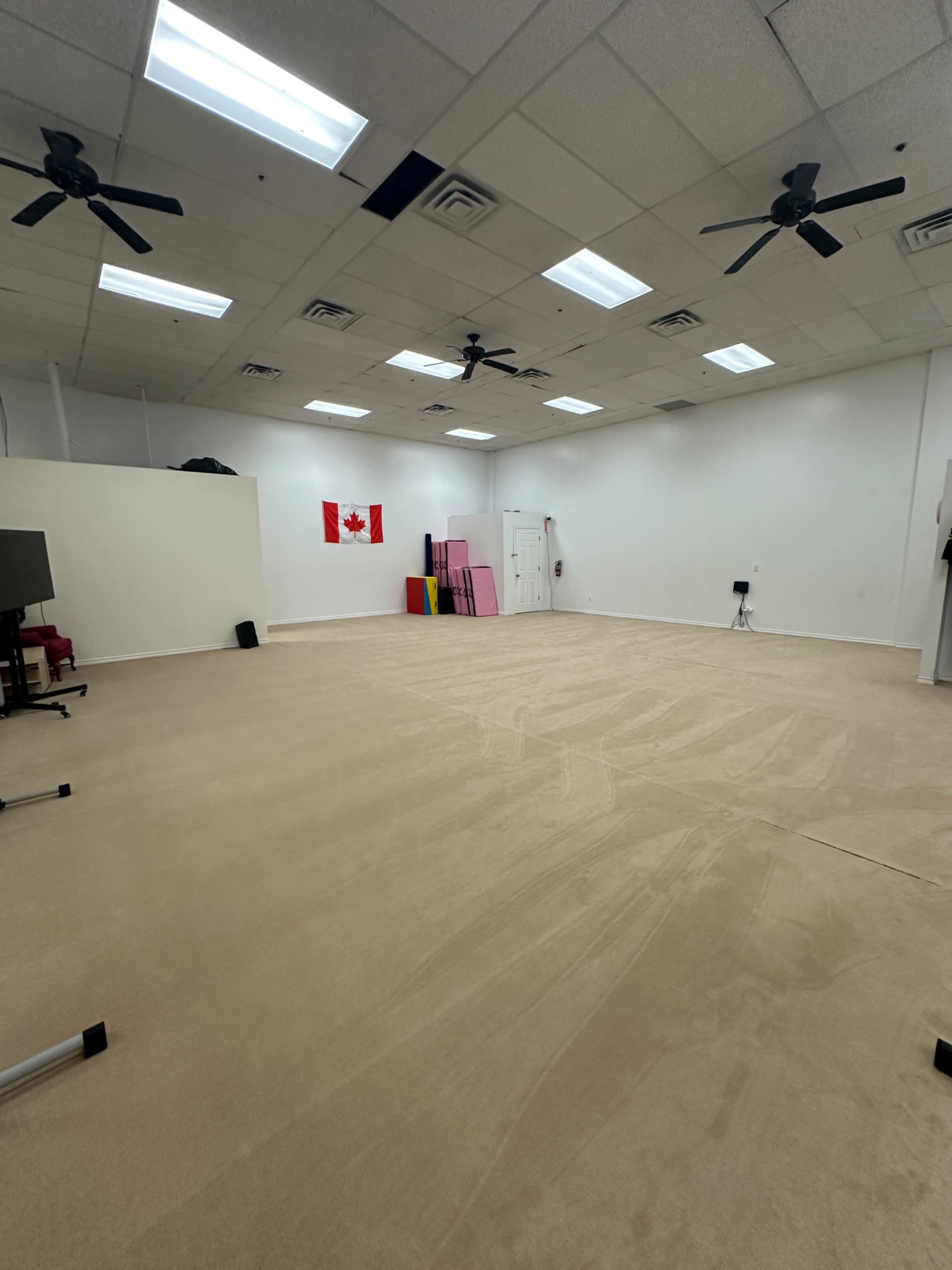 The image shows an empty room with a beige carpet, ceiling fans, and a Canadian flag hanging on the wall, along with some colorful exercise mats stacked in one corner.