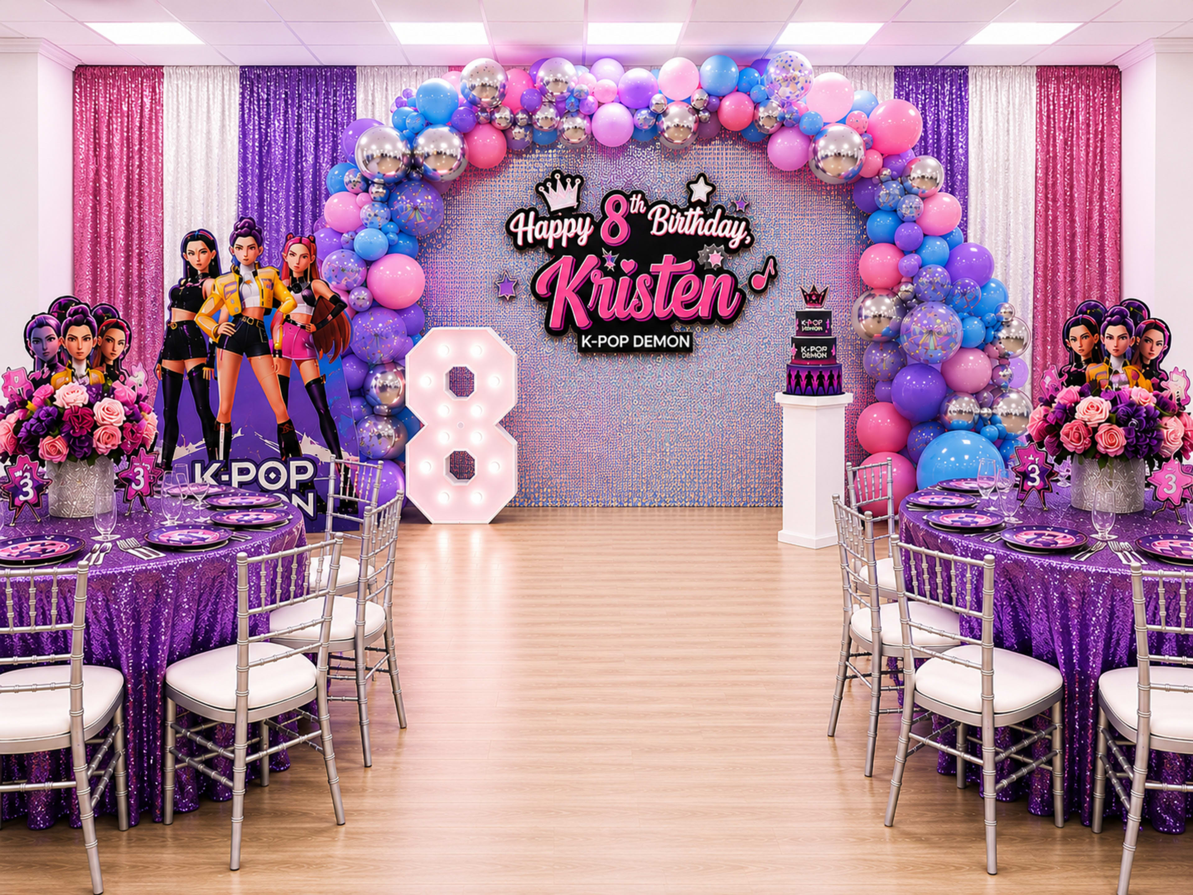 The image shows a vibrant birthday party setup featuring a decorated arch, colorful balloons, and themed tables with centerpieces, celebrating an eighth birthday with a K-Pop theme.