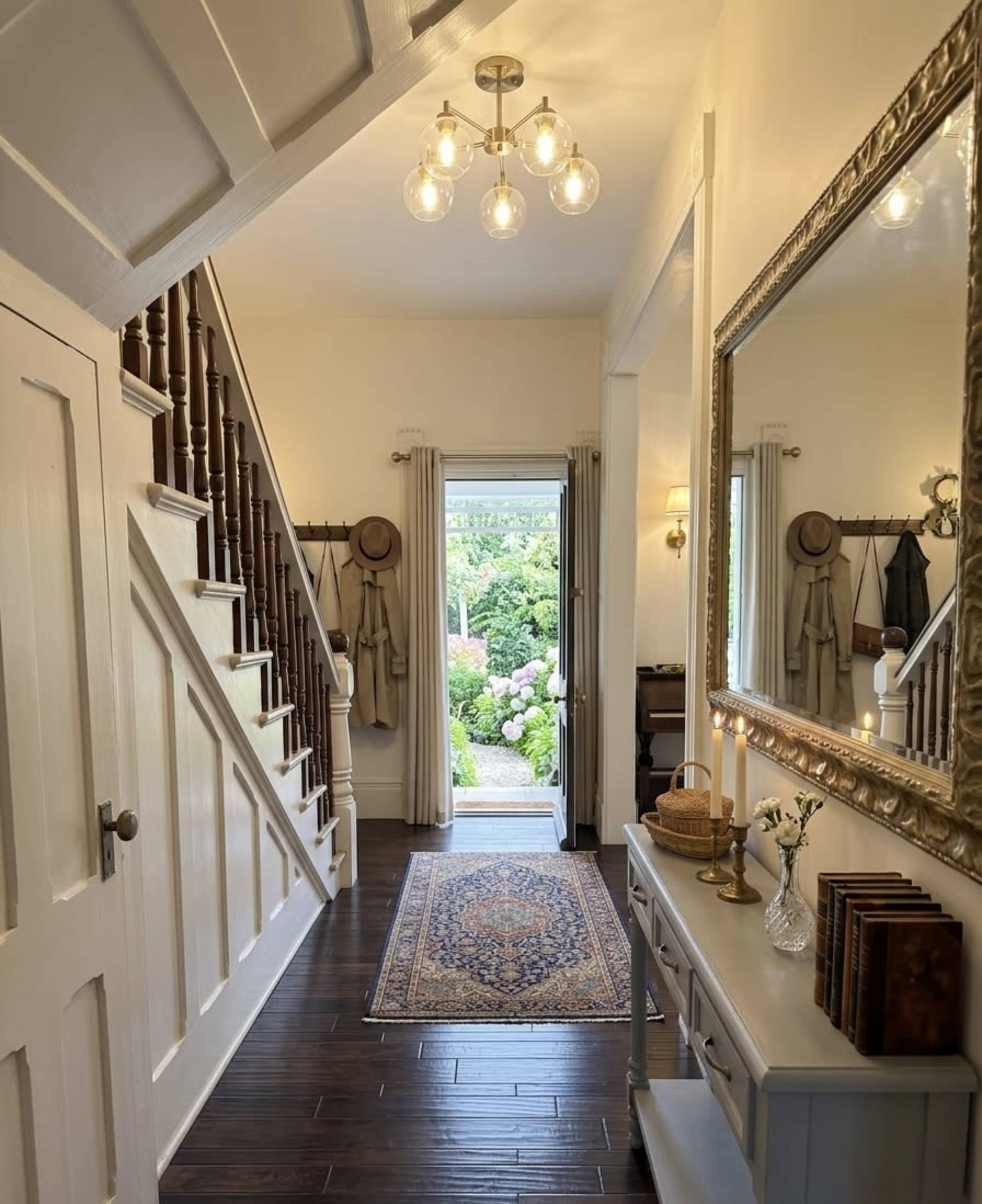 The image shows a welcoming entryway with a staircase, a decorative mirror, and a view of a garden through an open door.