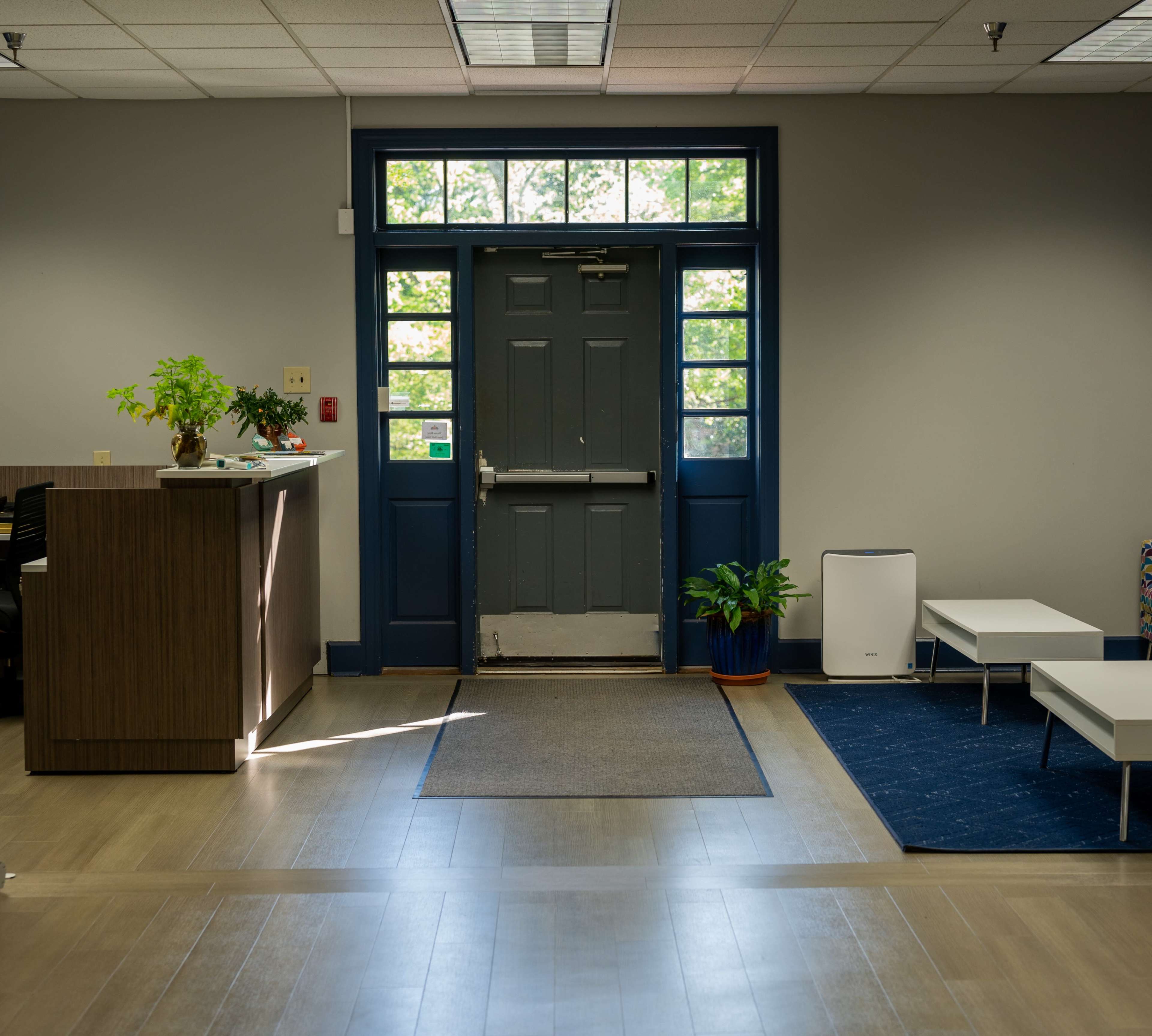 A reception area with a brown desk on the left, a large door leading outside, and two white coffee tables on a blue rug.