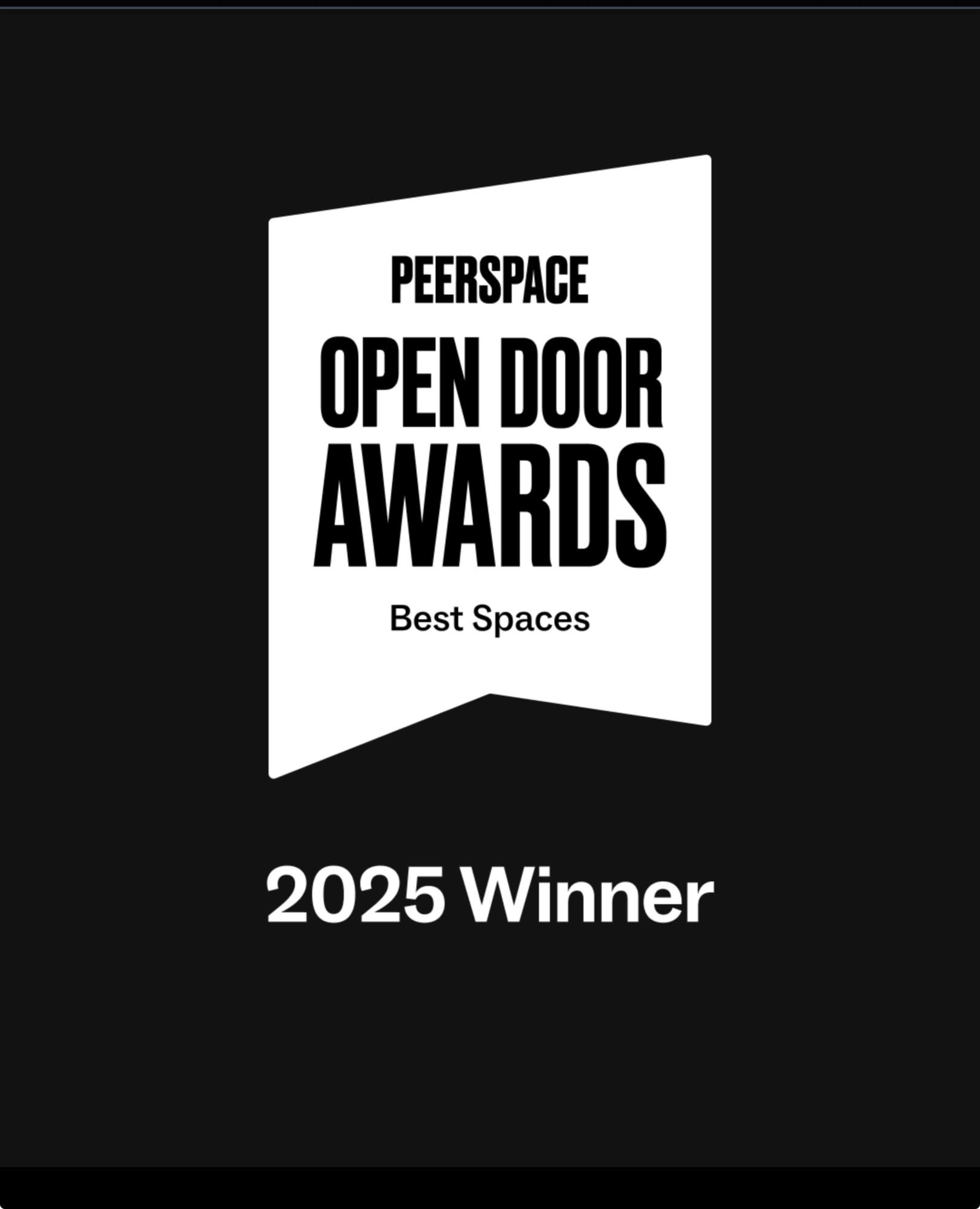The image features a black background with a white banner stating "PEERSPACE OPEN DOOR AWARDS" at the top and "Best Spaces 2025 Winner" below it.