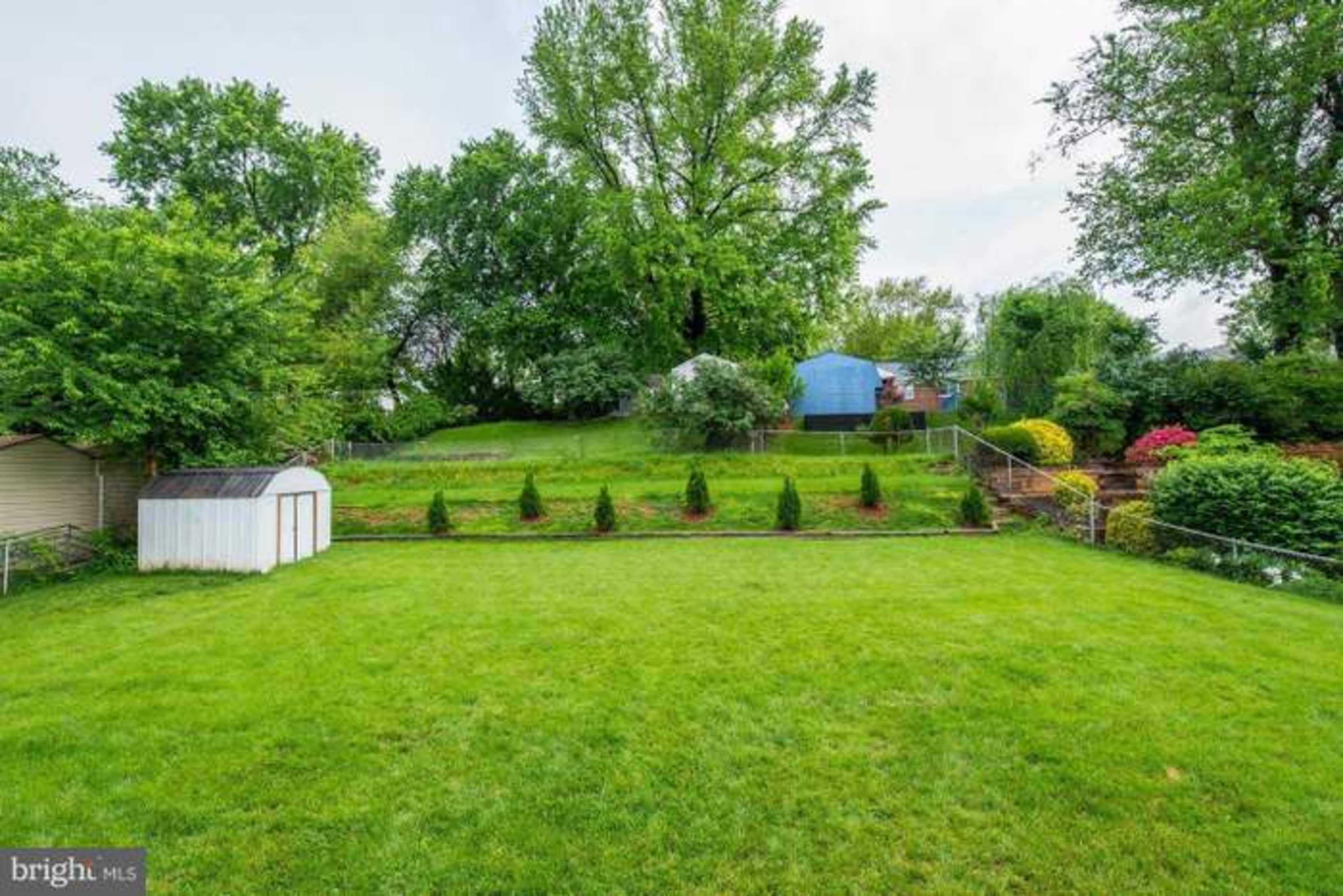 A spacious, green backyard features neatly arranged shrubs, a shed, and a sloped area with trees in the background.