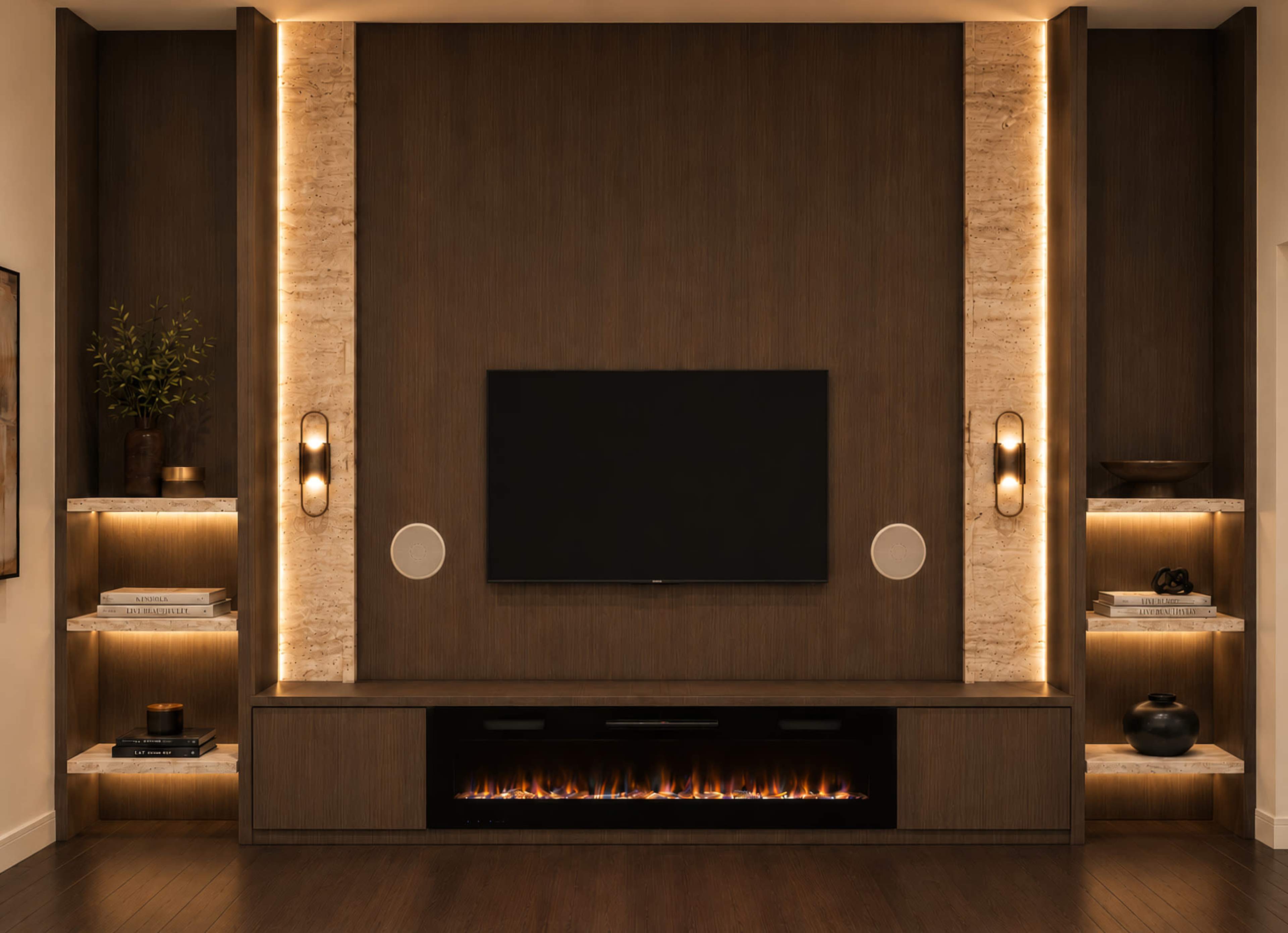A modern living room feature wall includes a mounted television above a faux fireplace, flanked by illuminated shelving units.
