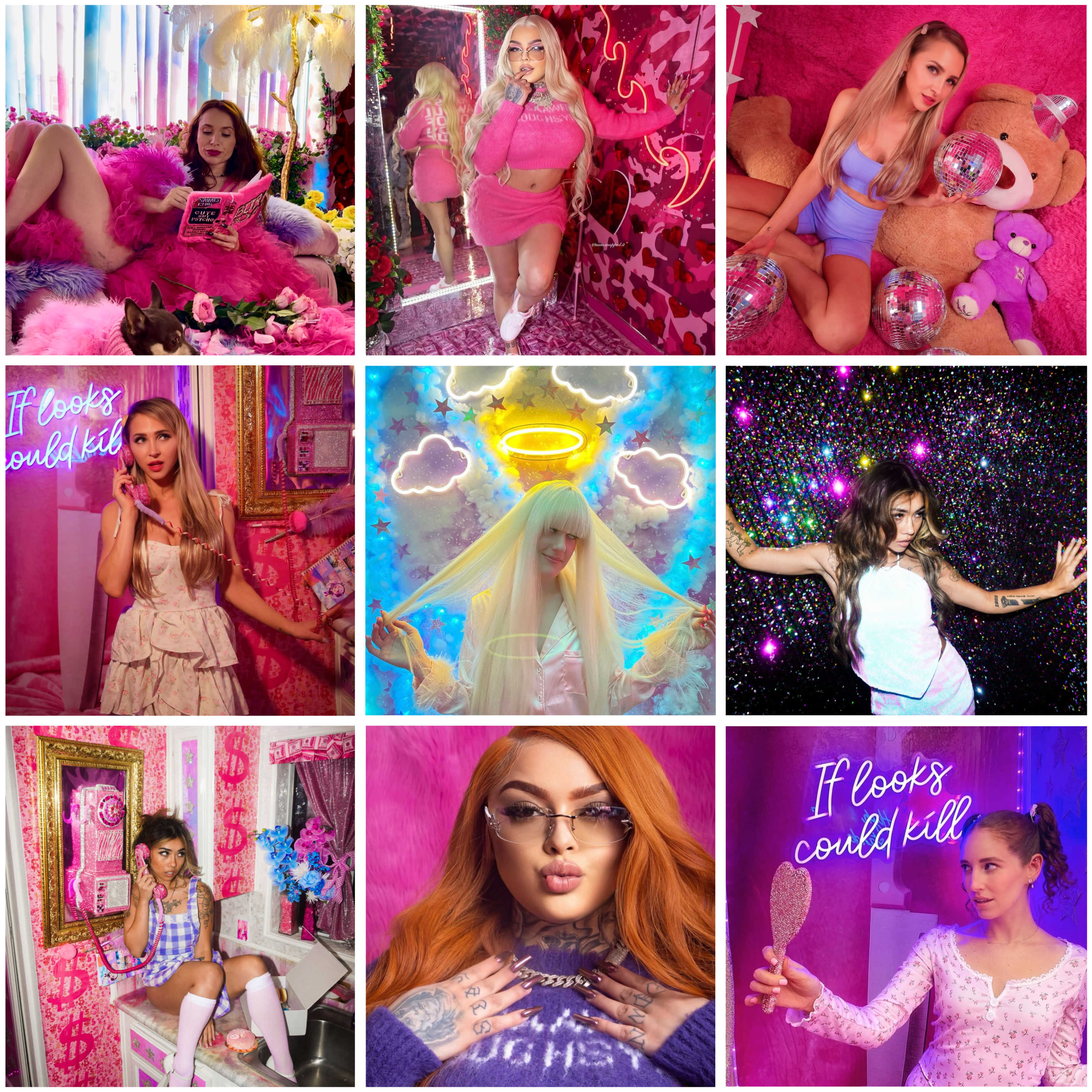 A collage of nine women posing in vibrant, pink, and playful settings, each adorned with various colorful props and outfits.