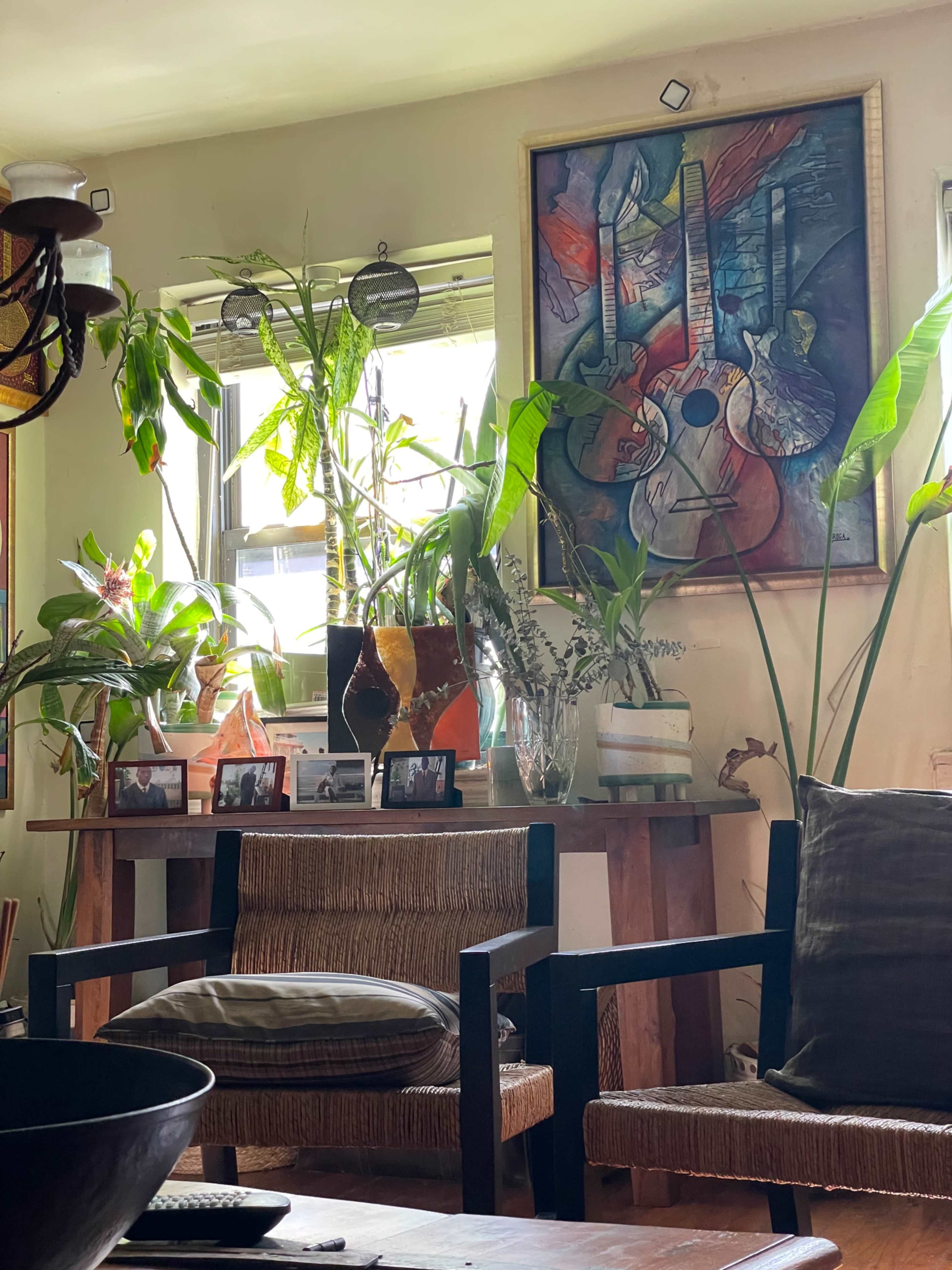The image shows a cozy, plant-filled living space with a wooden table adorned with photos and a colorful abstract painting featuring guitars.