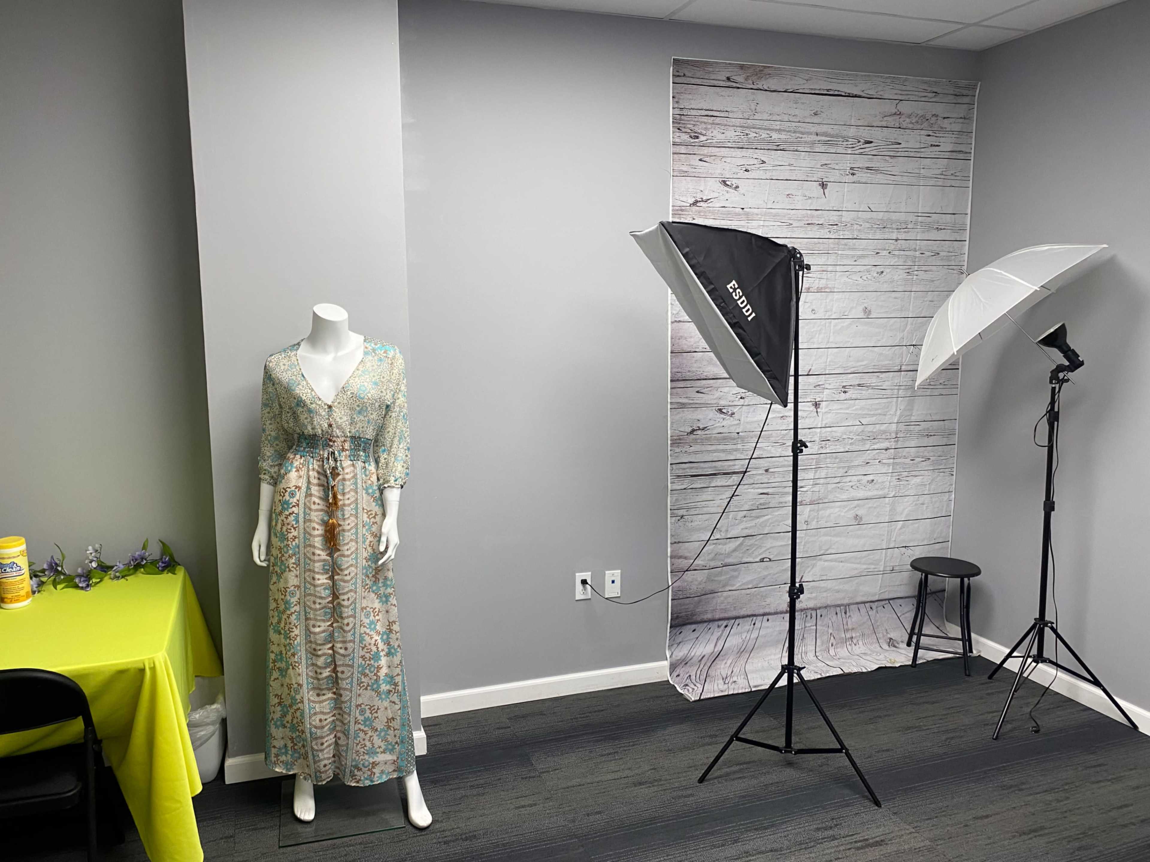 A mannequin wearing a floral dress stands next to photography lighting equipment in a room with gray walls and a wood-patterned backdrop.