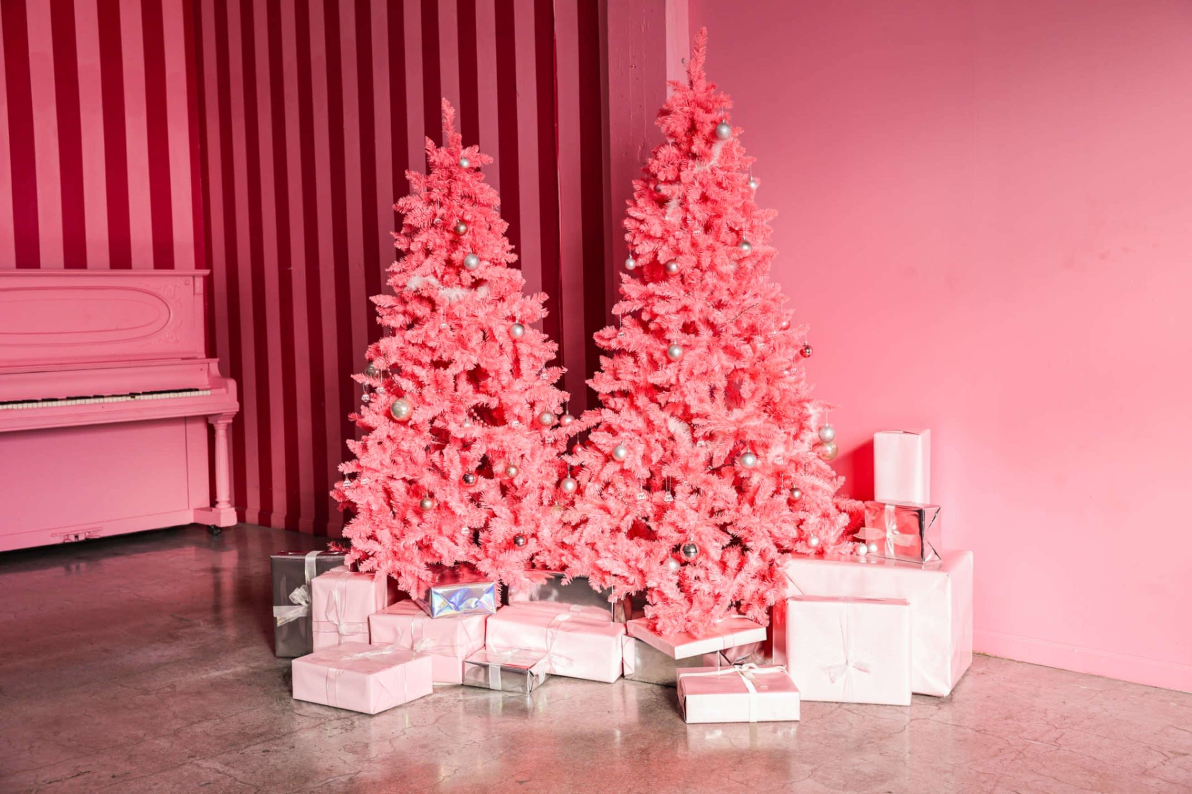 Two pink Christmas trees are decorated and stand among neatly arranged white gift boxes in a room with pink-striped walls.