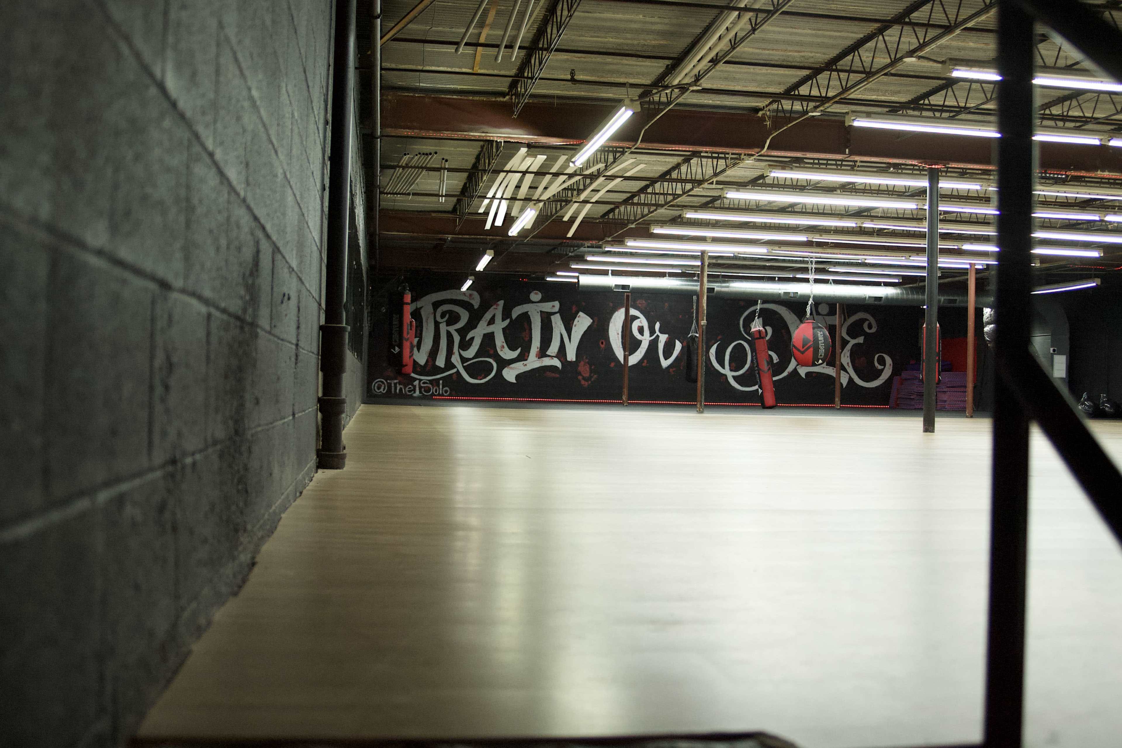 An empty indoor space with a polished wooden floor and a wall featuring graffiti that says "Rain or Die."