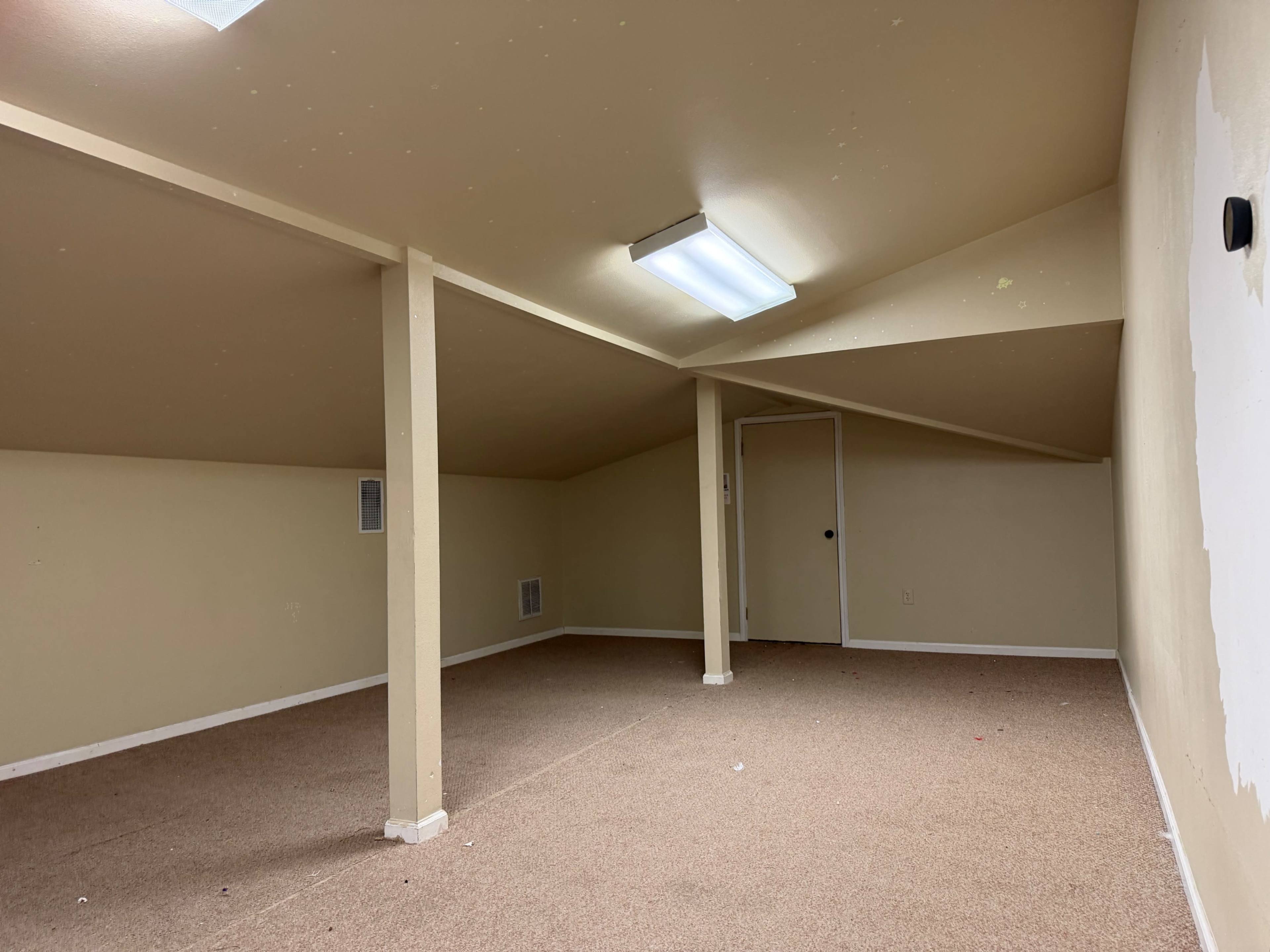 The image shows an empty attic space with pale walls, a carpeted floor, and overhead lighting fixtures.