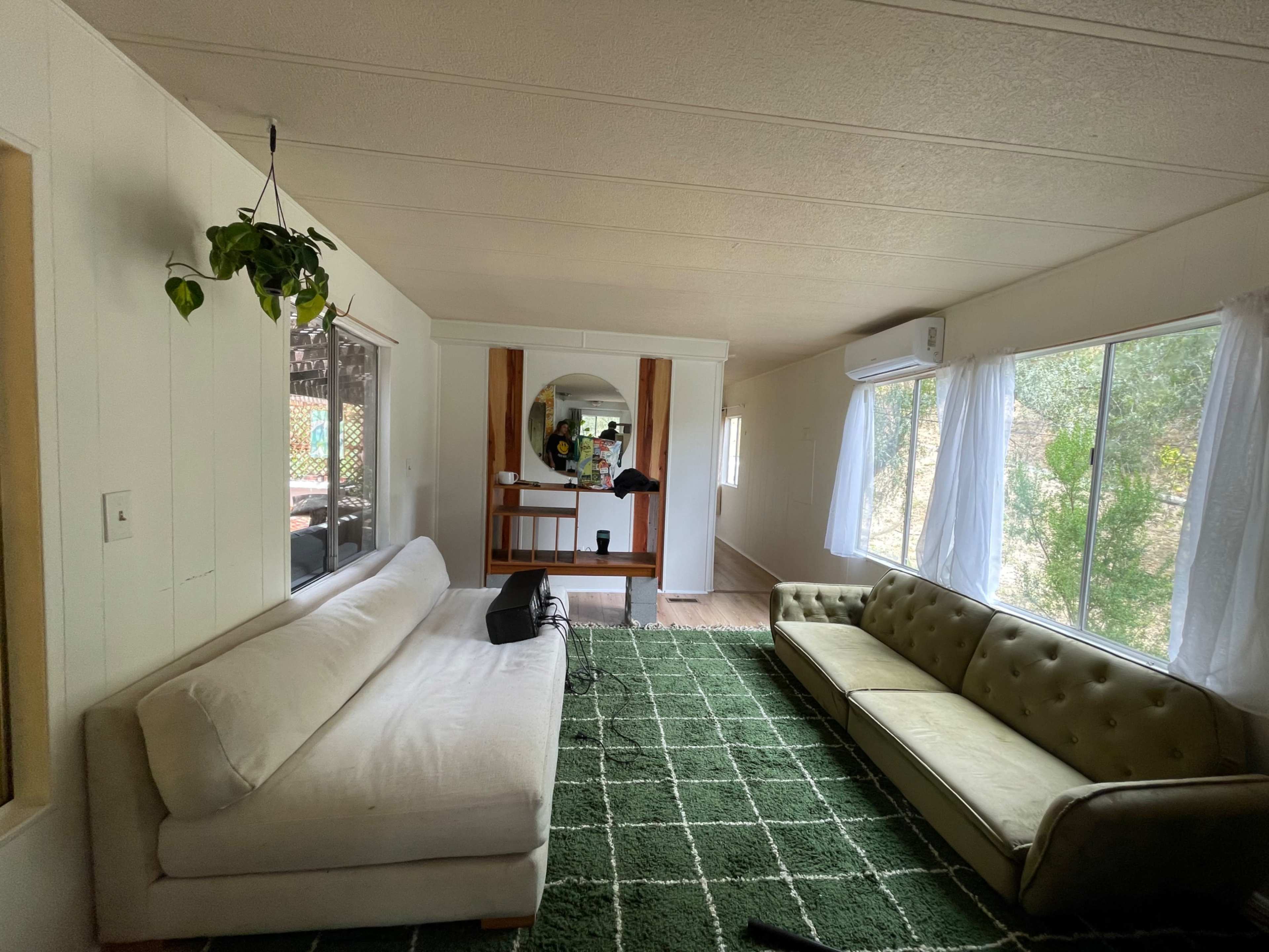 The room features two sofas, a green area rug, and large windows allowing natural light to enter.