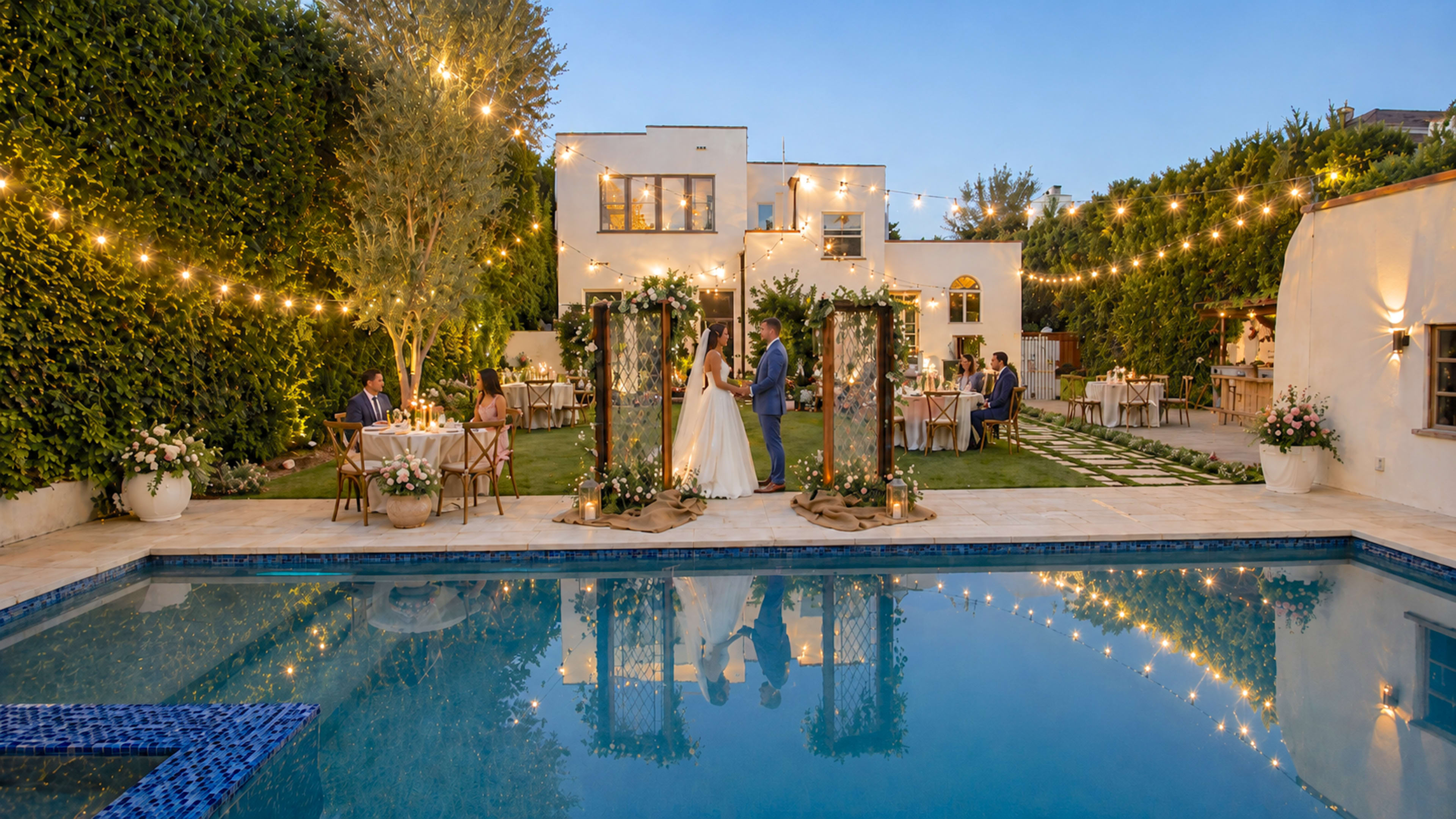 A wedding reception is set up in a backyard with a swimming pool, decorated tables, and string lights illuminating the area.