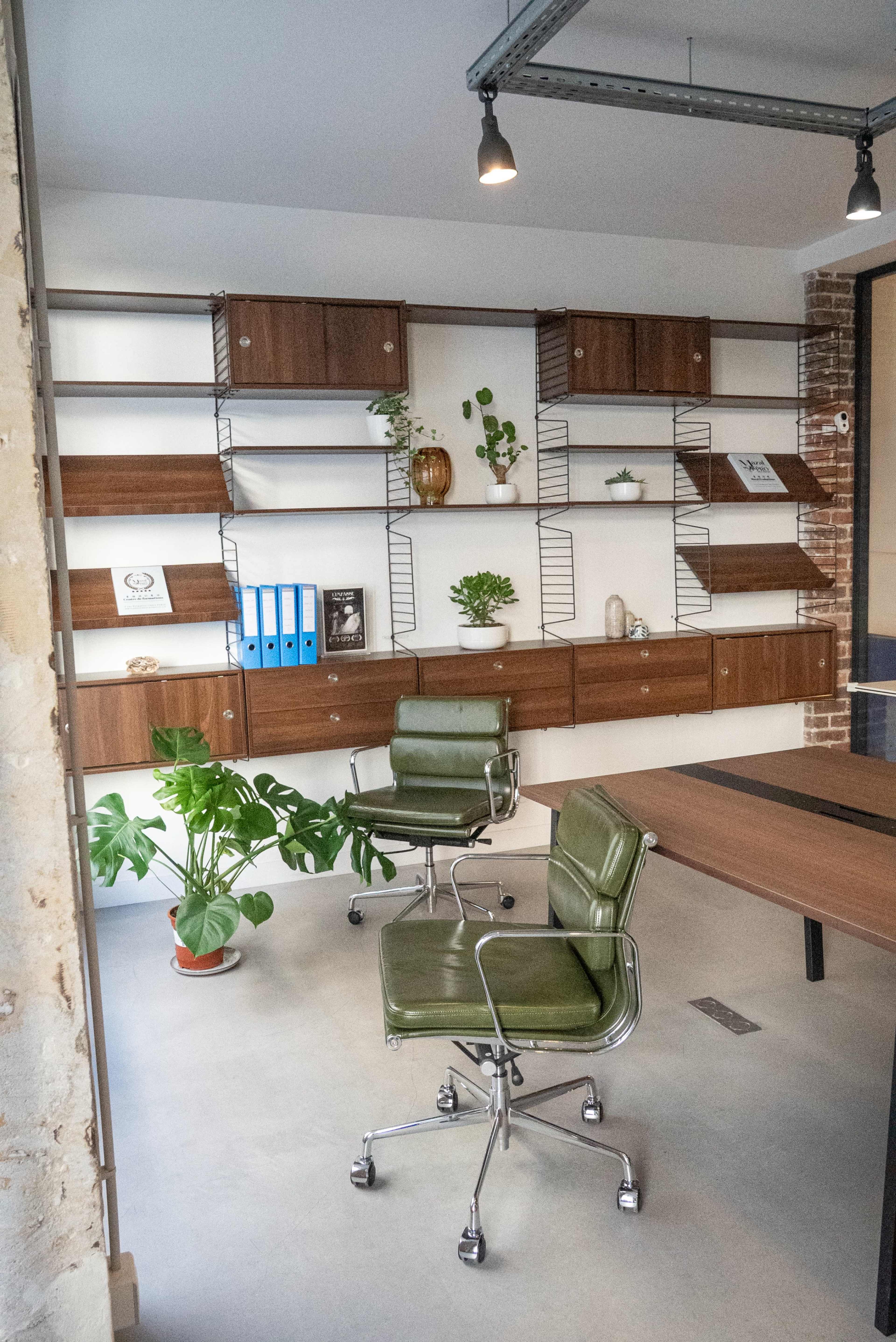 The image shows a modern office space featuring two green swivel chairs, a wooden desk, and a wall-mounted shelving unit containing plants and decorative items.