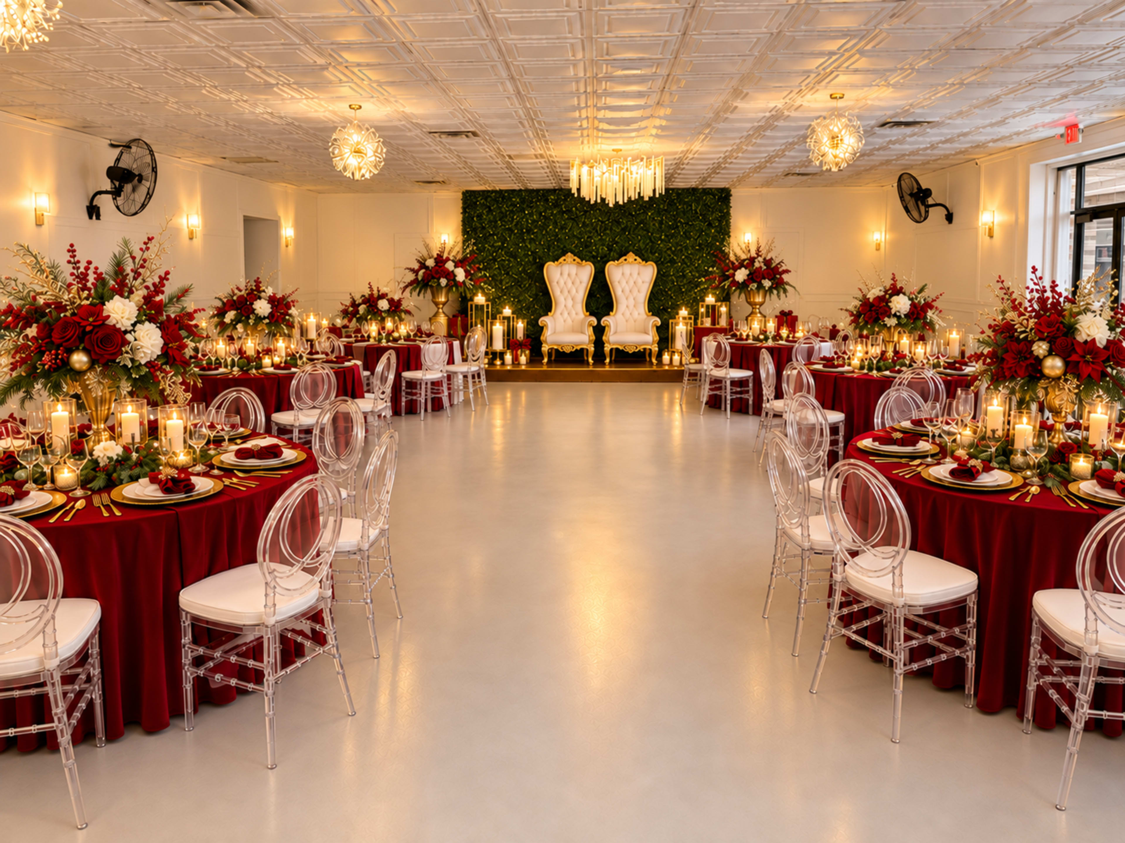 The image shows an elegantly decorated banquet hall with round tables featuring red tablecloths, intricate centerpieces, and a backdrop of green foliage, along with a pair of white thrones at the front.