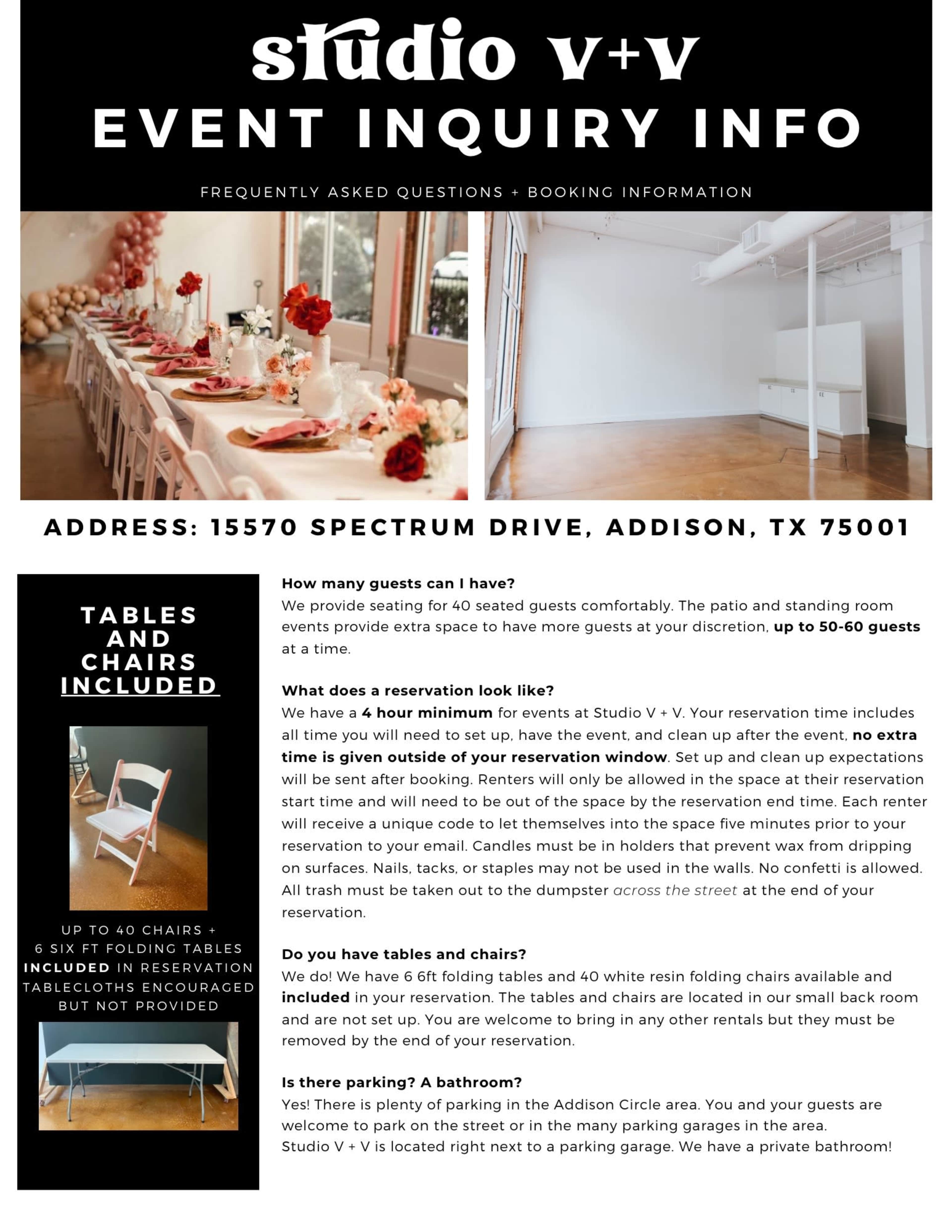 The image displays an informational flyer for Studio V+V regarding event inquiries, outlining seating capacity, reservation details, and available amenities.