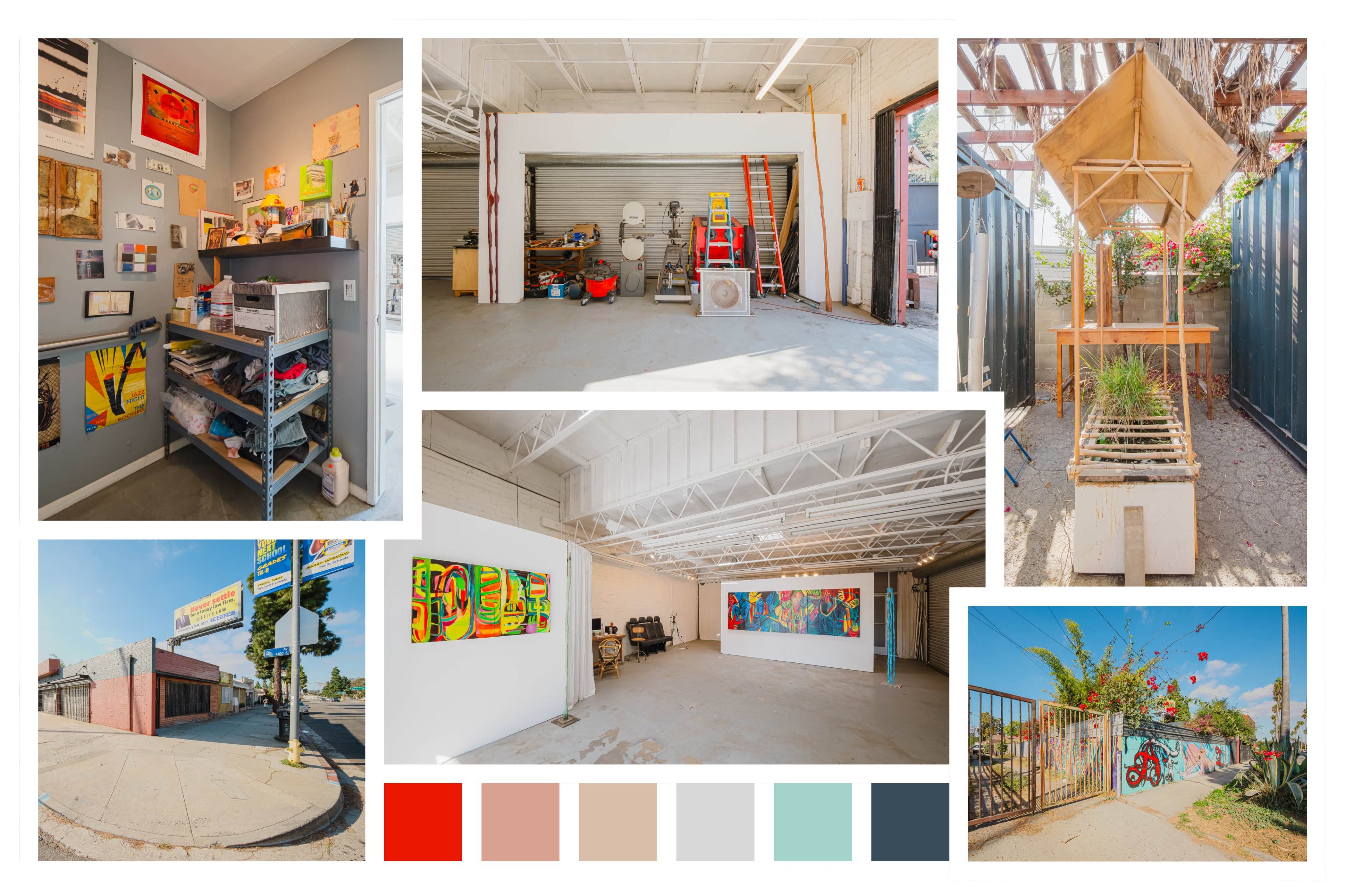 The image features a collage of various spaces, including a garage, an art studio with colorful paintings, and an outdoor area with a structure and greenery.