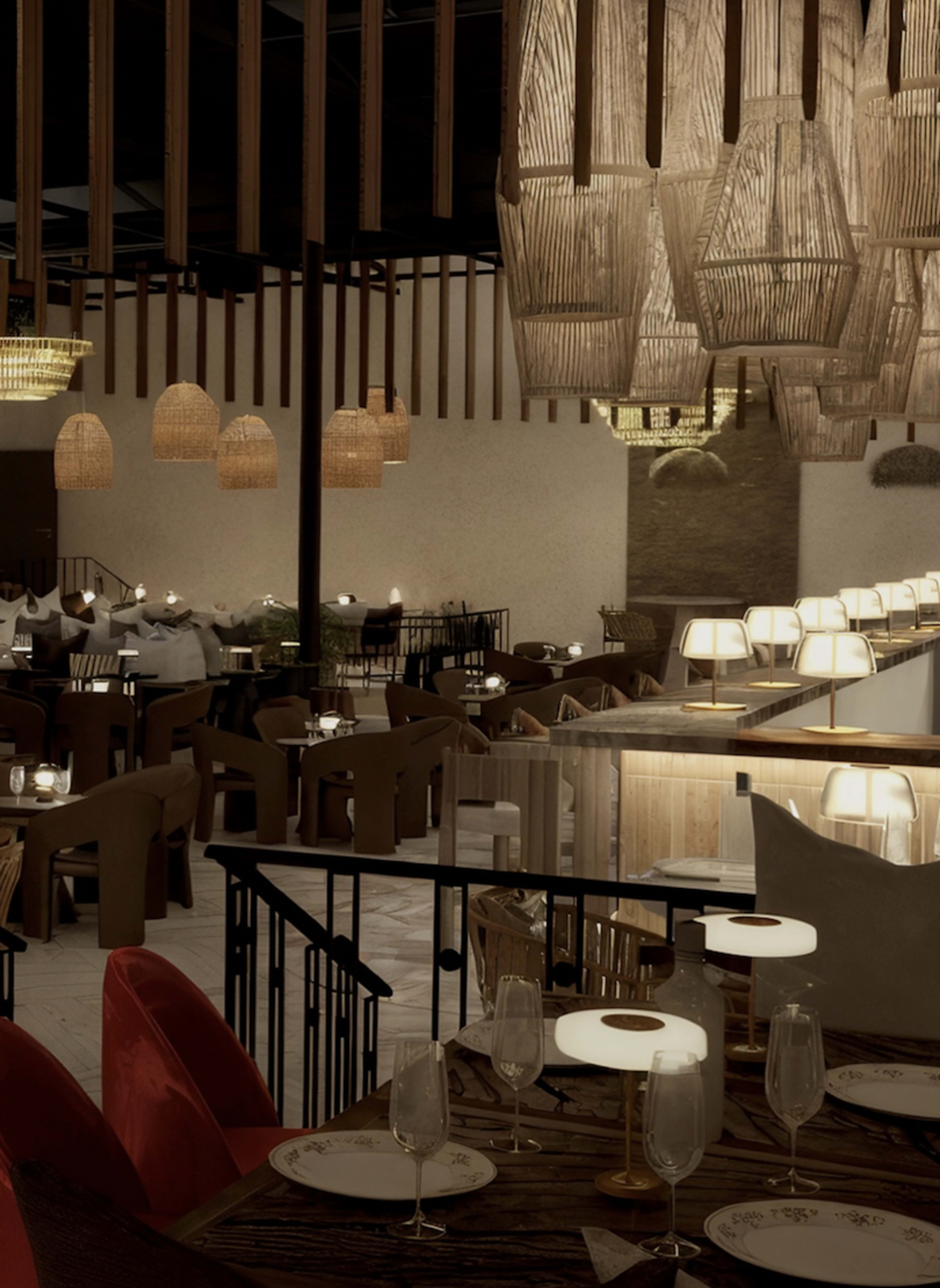 The image displays a modern restaurant interior featuring wooden furniture, decorative light fixtures, and multiple dining areas with tables set for patrons.