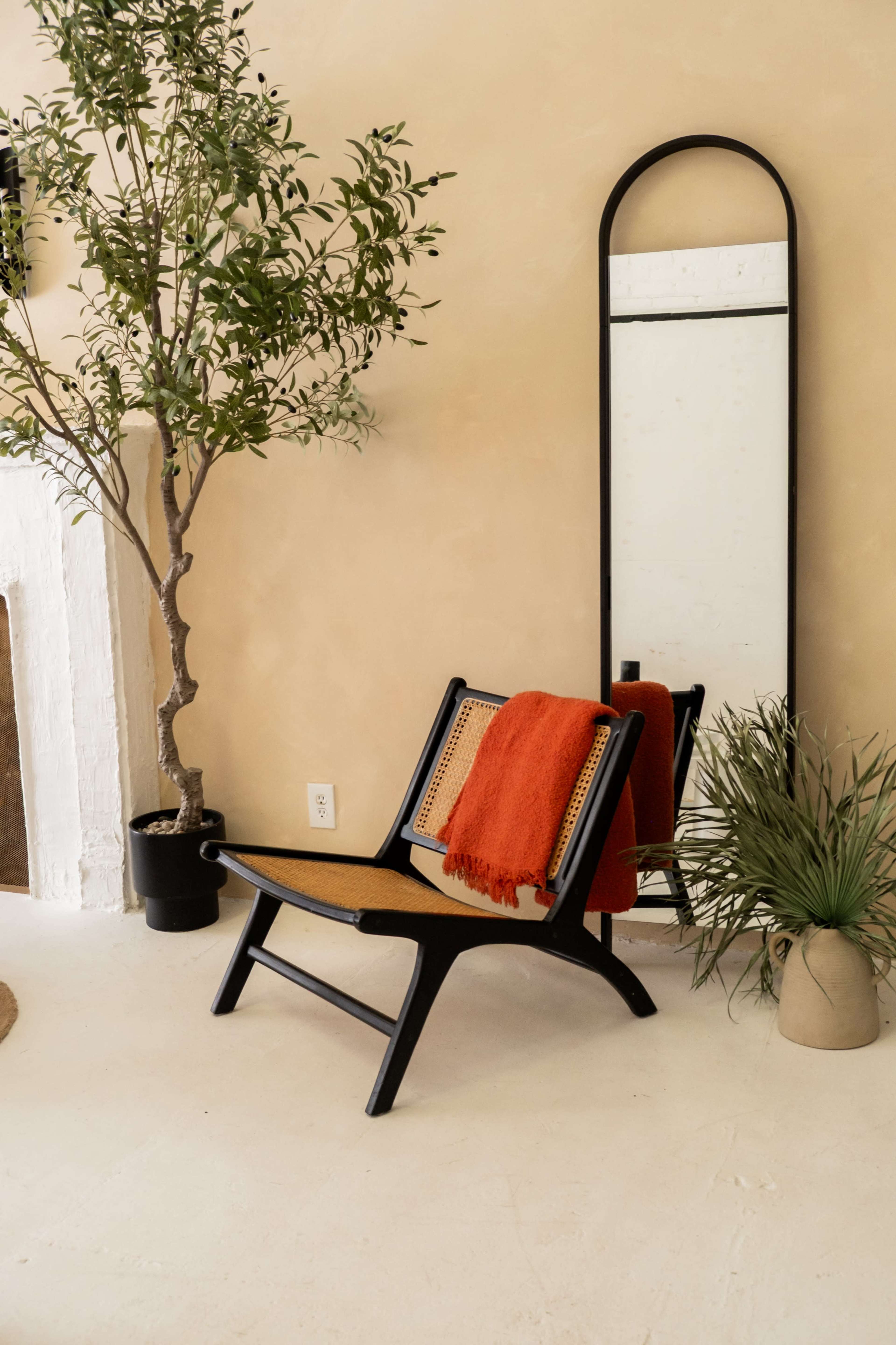 A black wooden chair with a woven seat is positioned beside a potted tree and a large mirror against a beige wall.