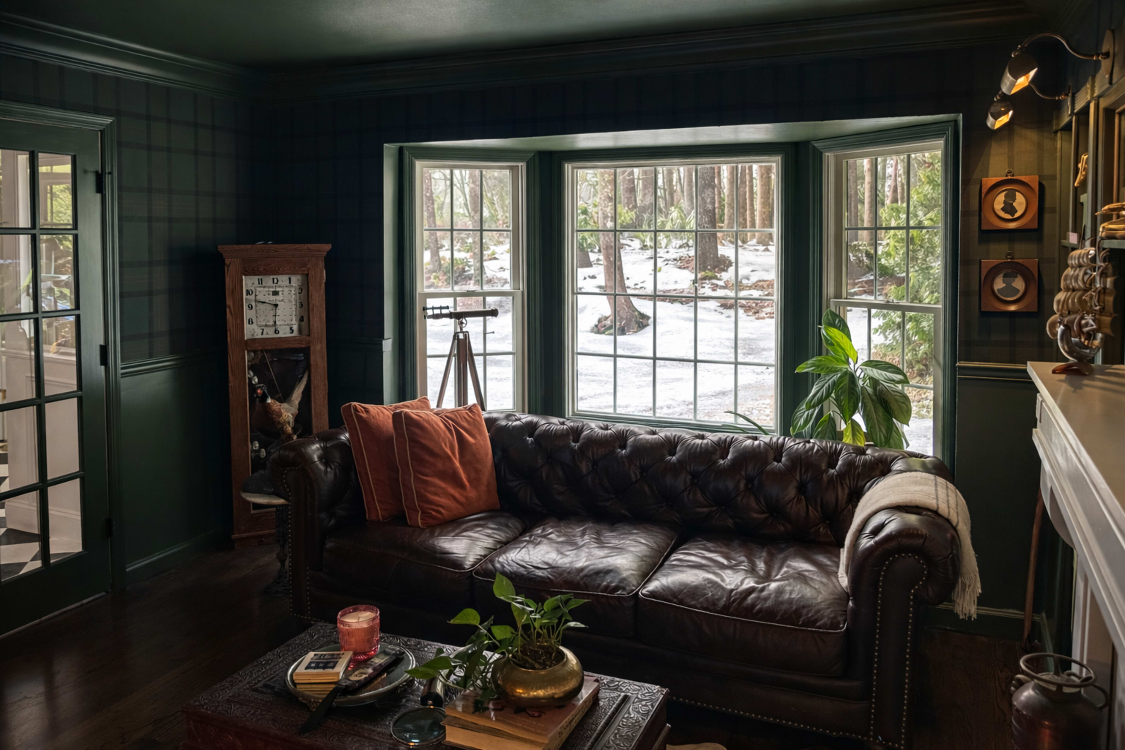 The image shows a cozy living room with a dark leather couch, a small plant on a table, and large windows overlooking a snowy forest.