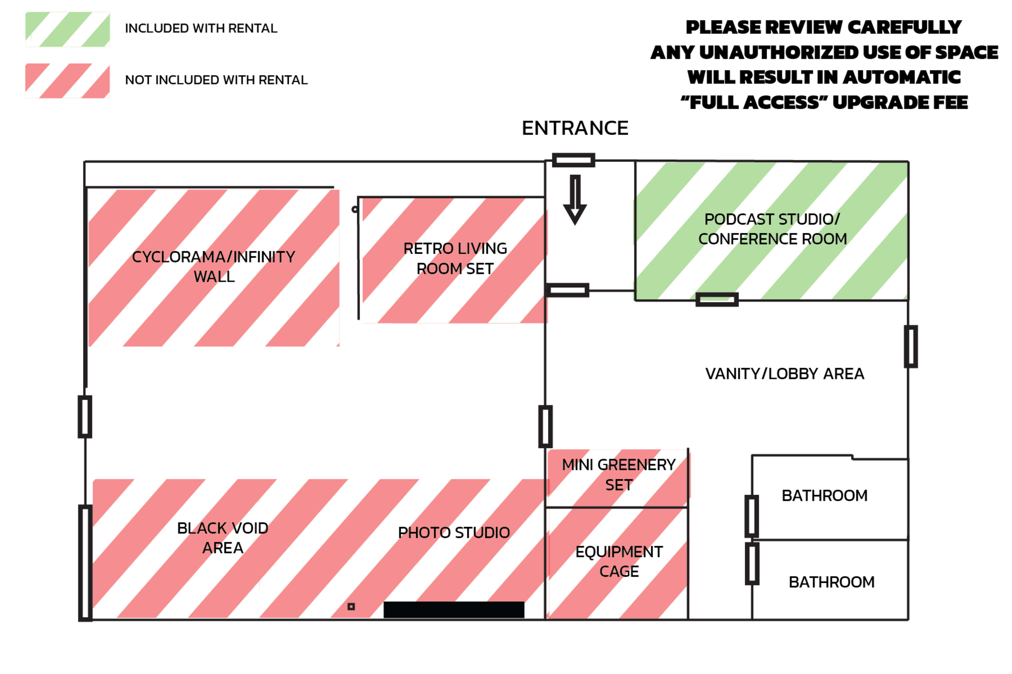 The layout diagram illustrates various rooms and areas of a facility, including a podcast studio, living room set, photo studio, and restrooms, with designated usage permissions indicated by color coding.