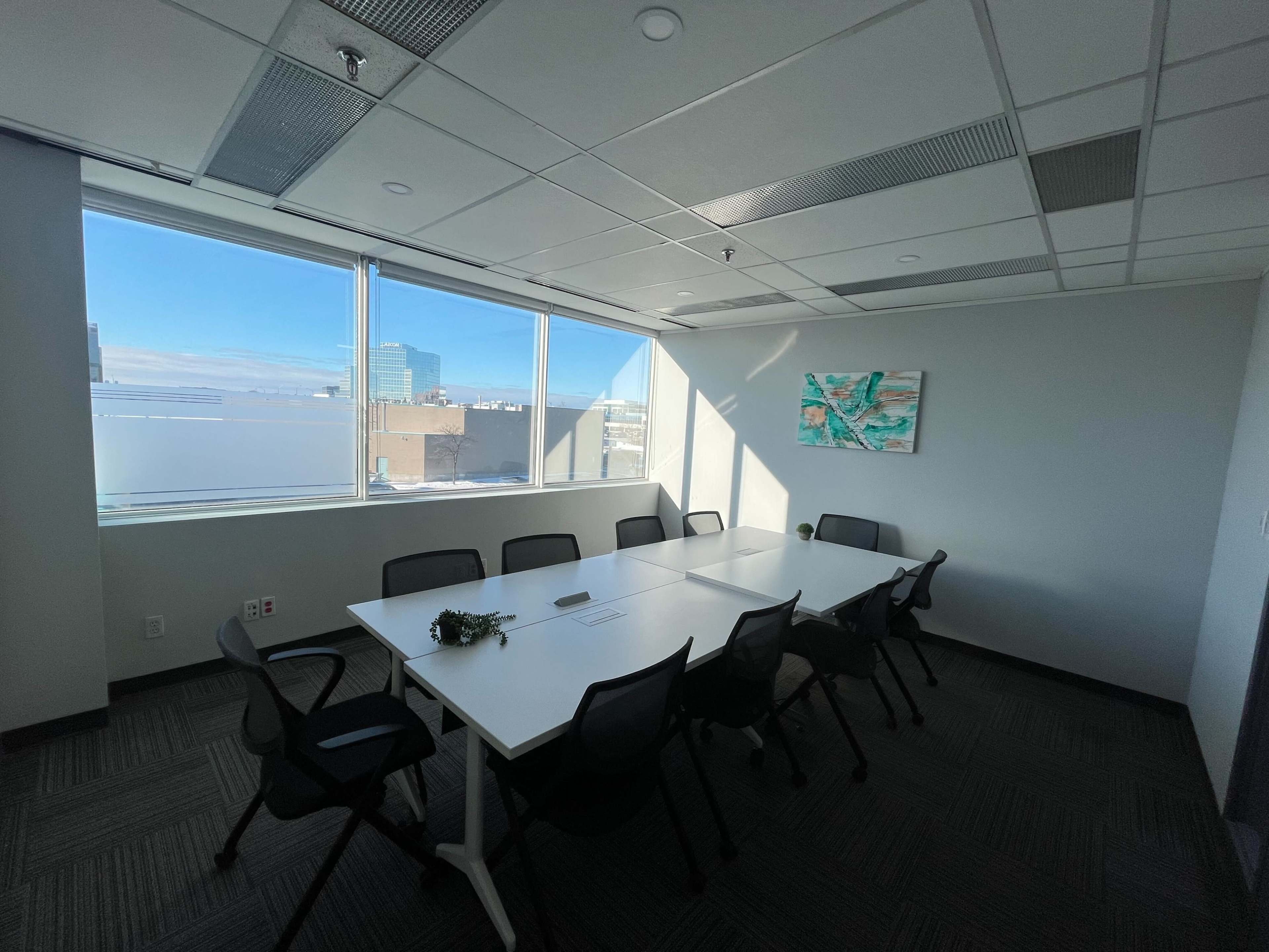 A modern conference room features a long table surrounded by black chairs, with large windows letting in natural light and a piece of artwork on the wall.