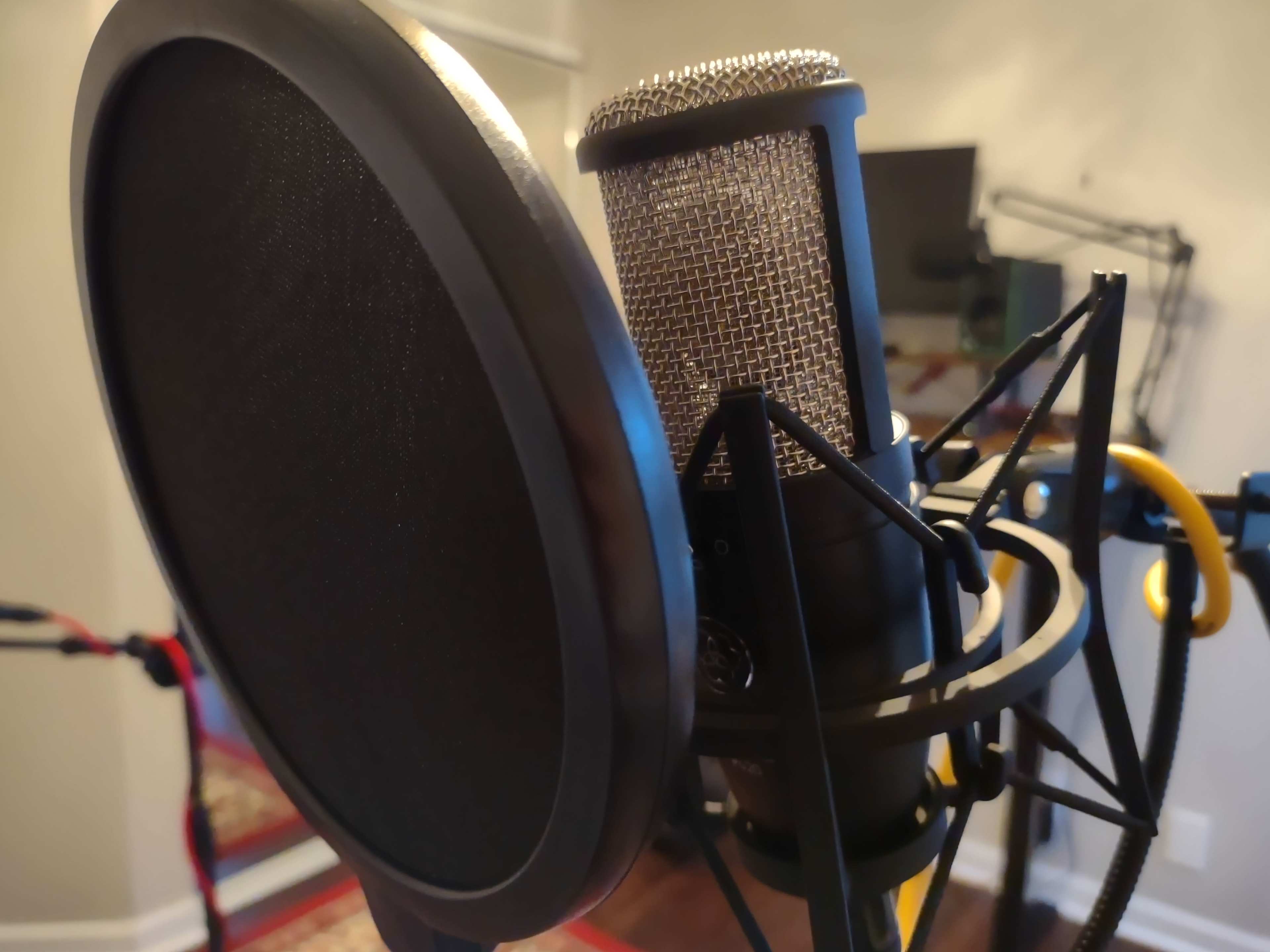 The image shows a microphone and a pop filter arranged on a stand in a recording studio setting.