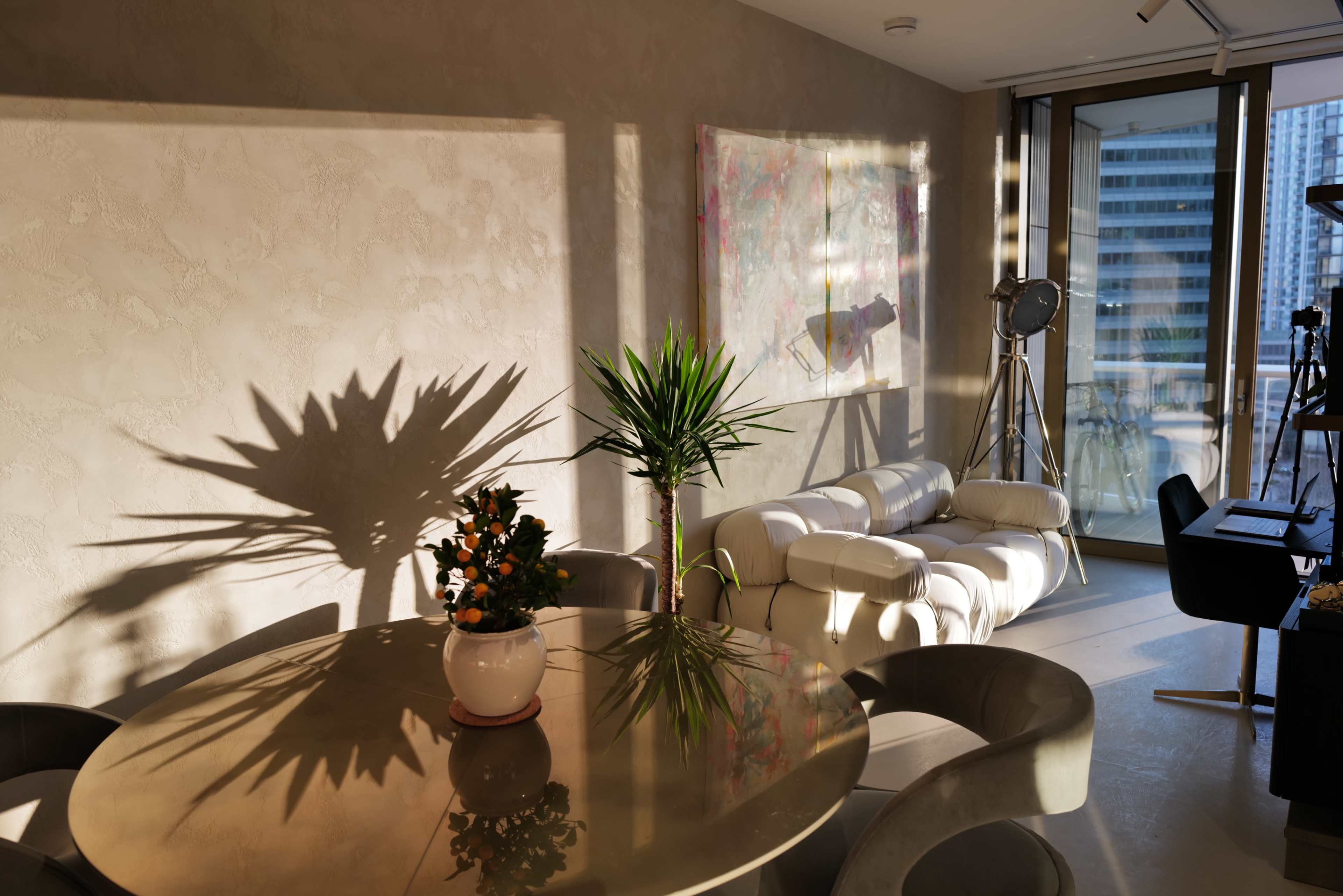 A modern living space features a circular table with a plant, a white sofa, and large windows casting shadows on the walls.