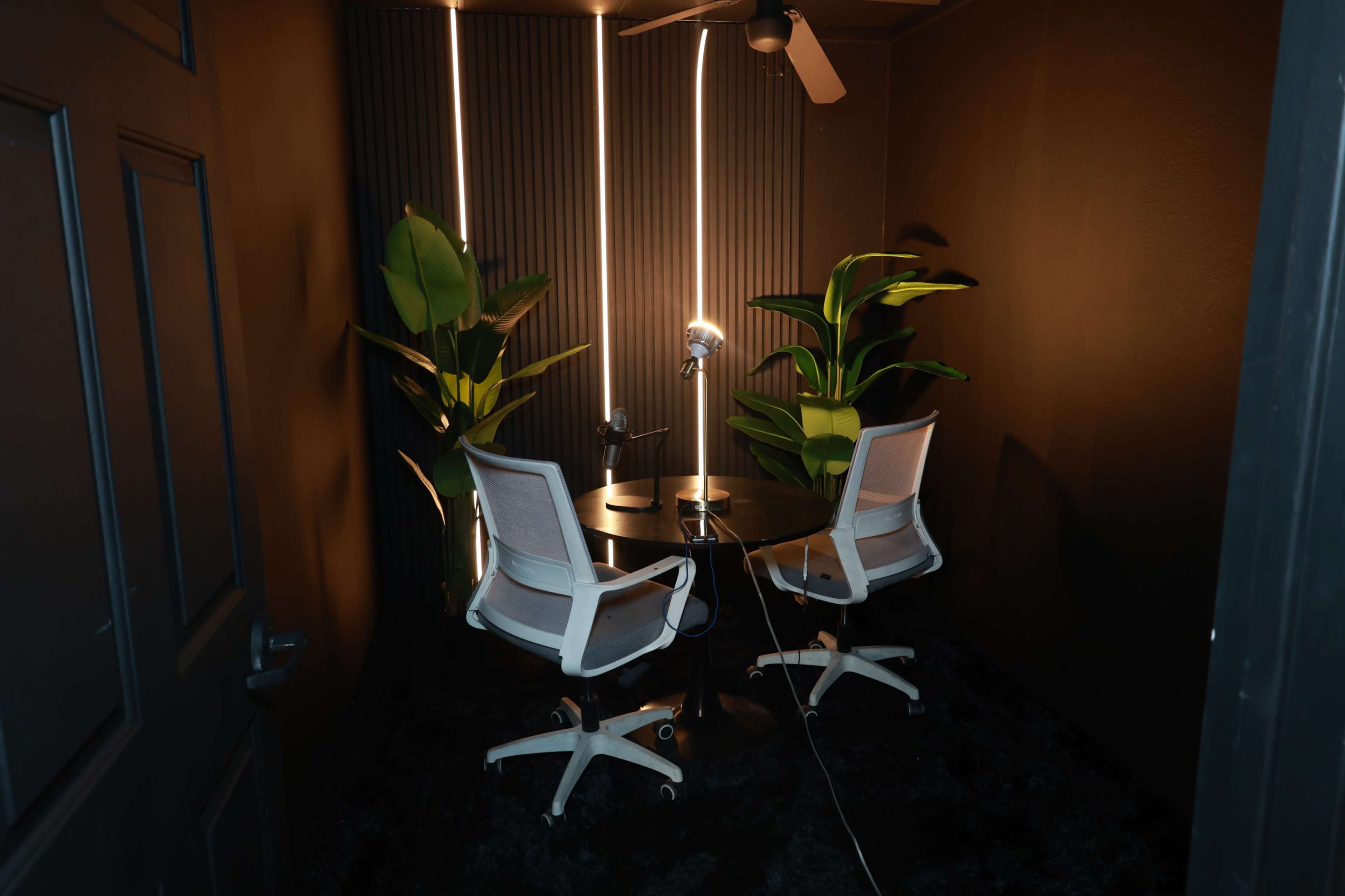 The image shows a small, dimly lit meeting space featuring two white chairs around a round table, flanked by tall green plants and illuminated by a ceiling fan and a single light source.