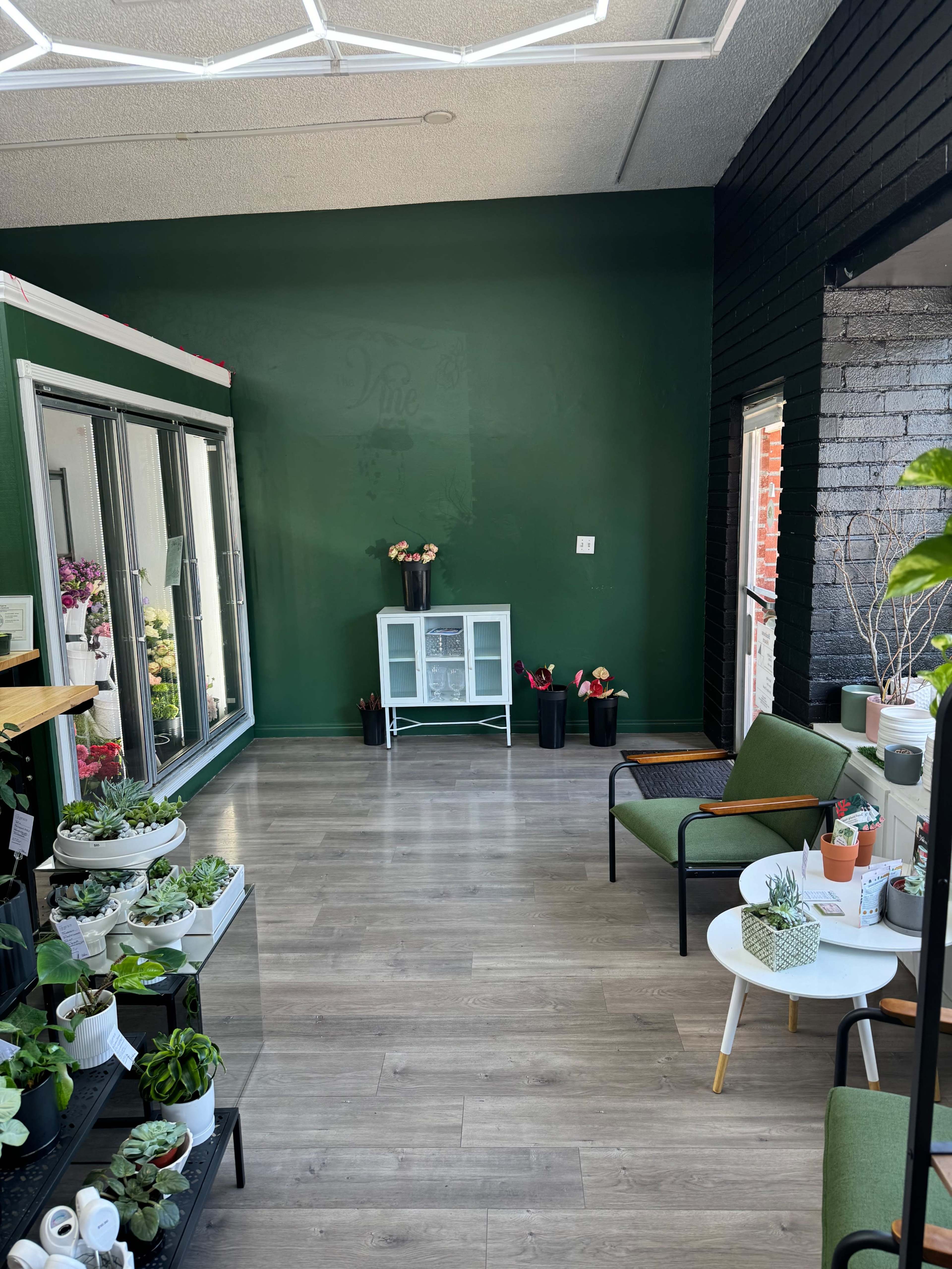The image shows a modern interior with green walls, wooden flooring, and a display of potted plants, along with a seating area featuring green chairs and a small white table.
