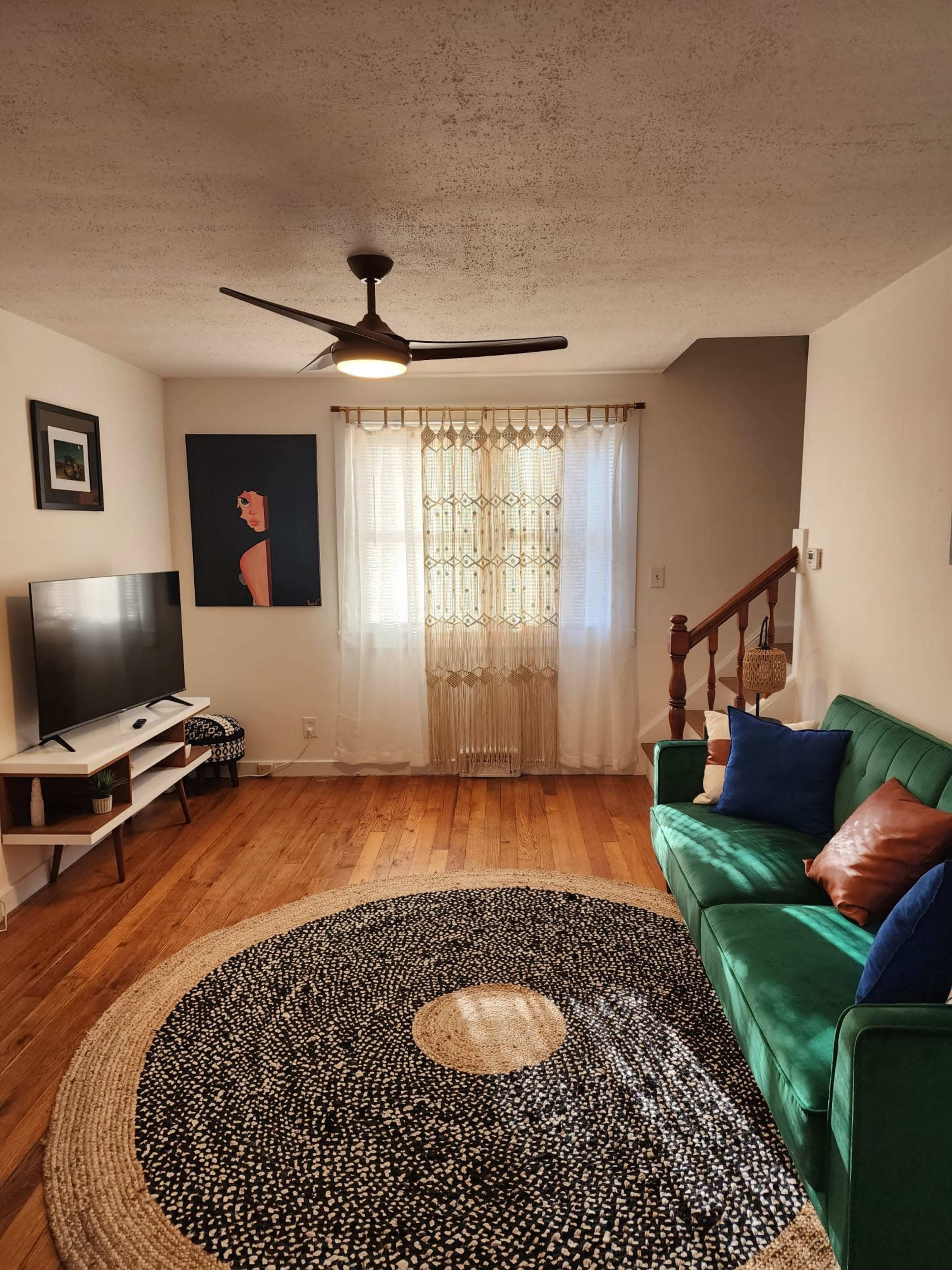 The room features a green sofa, a television on a stand, a round rug, and a window with sheer curtains, creating a cozy living area.