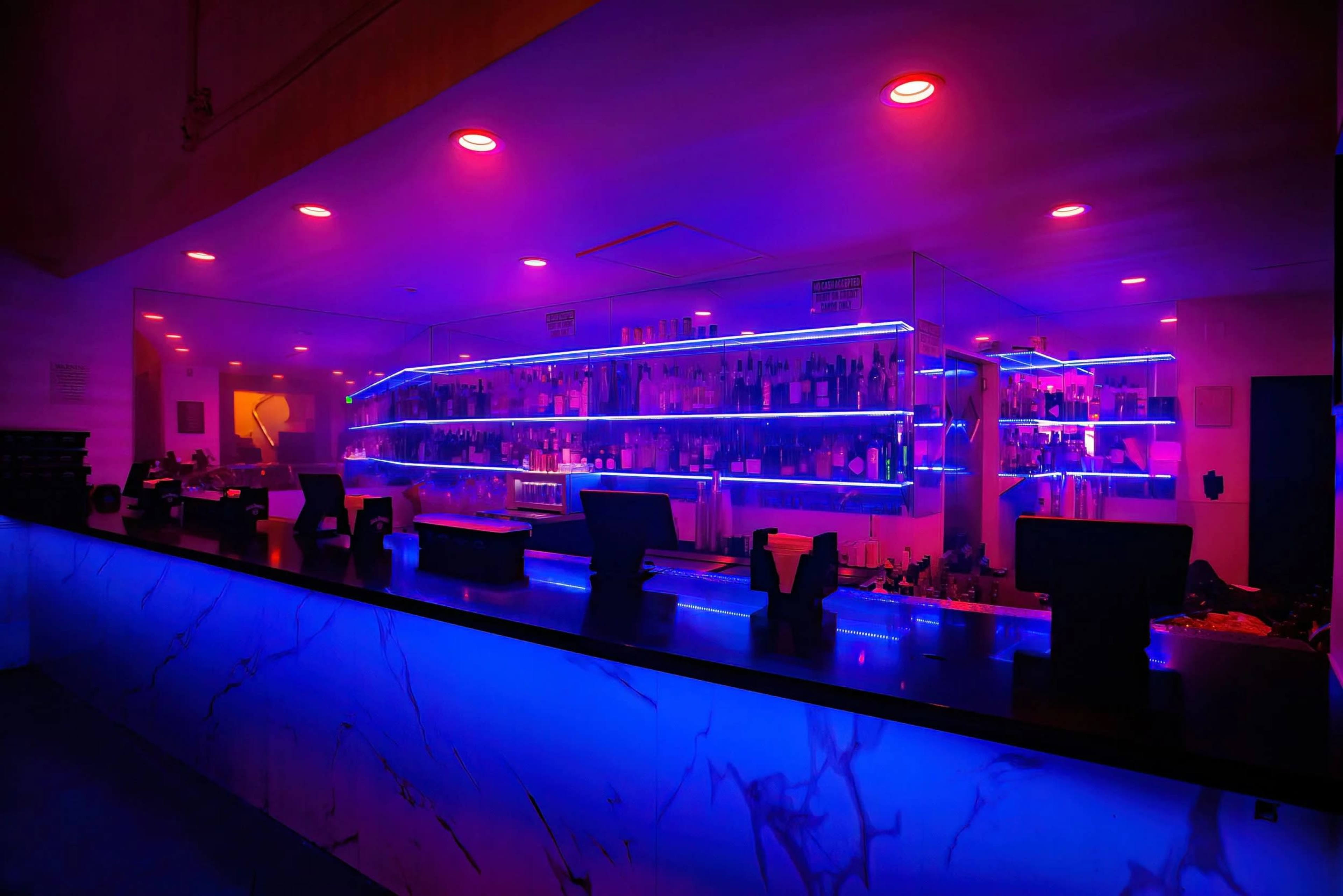 The image shows a bar illuminated by blue and purple neon lights, with shelves lined with bottles reflecting the vibrant colors.