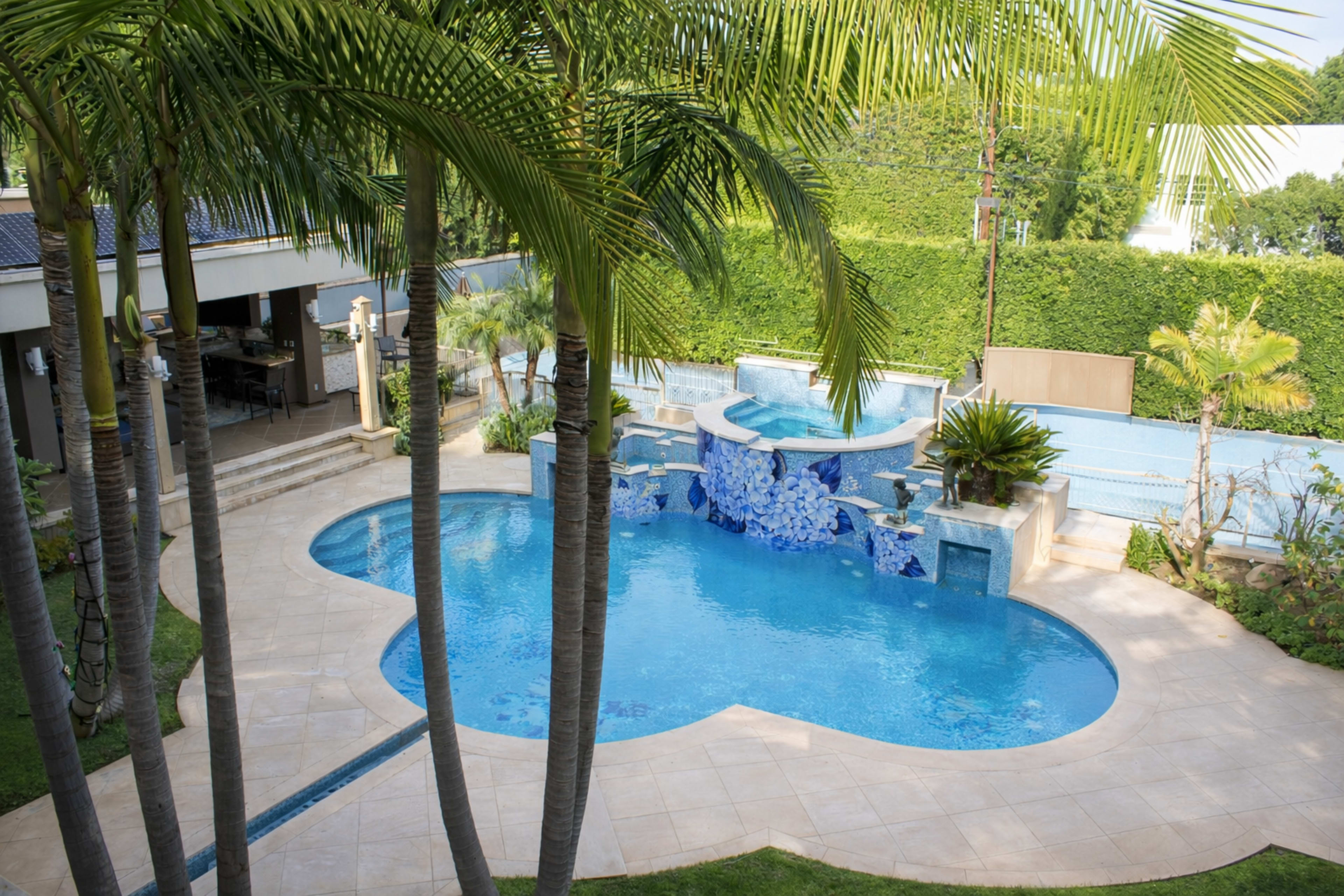 A landscaped backyard features a large blue swimming pool with varying depths, surrounded by palm trees and a spa area.