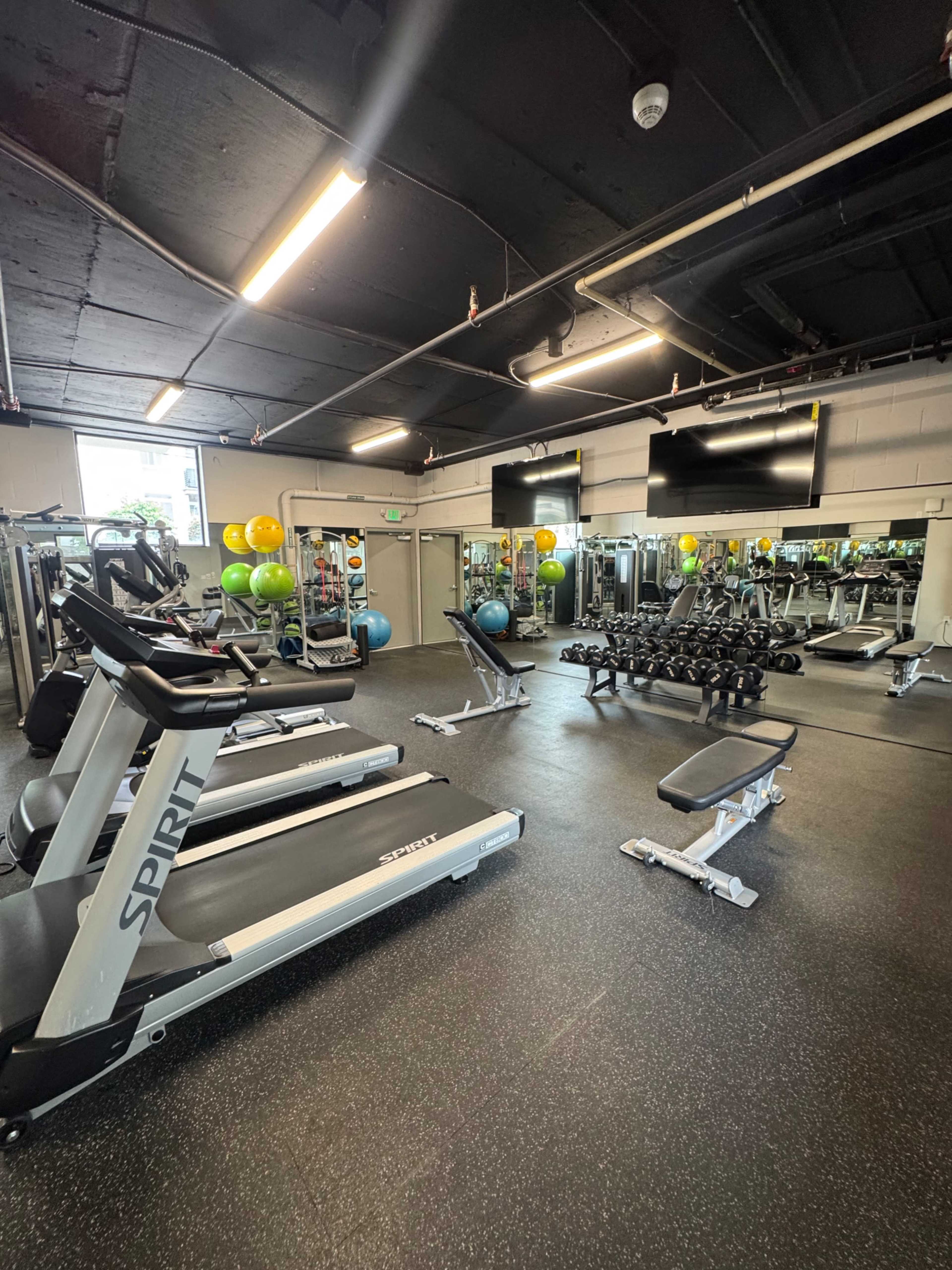 The image shows a gym equipped with treadmills, free weights, and exercise balls, featuring mirrored walls and overhead lighting.