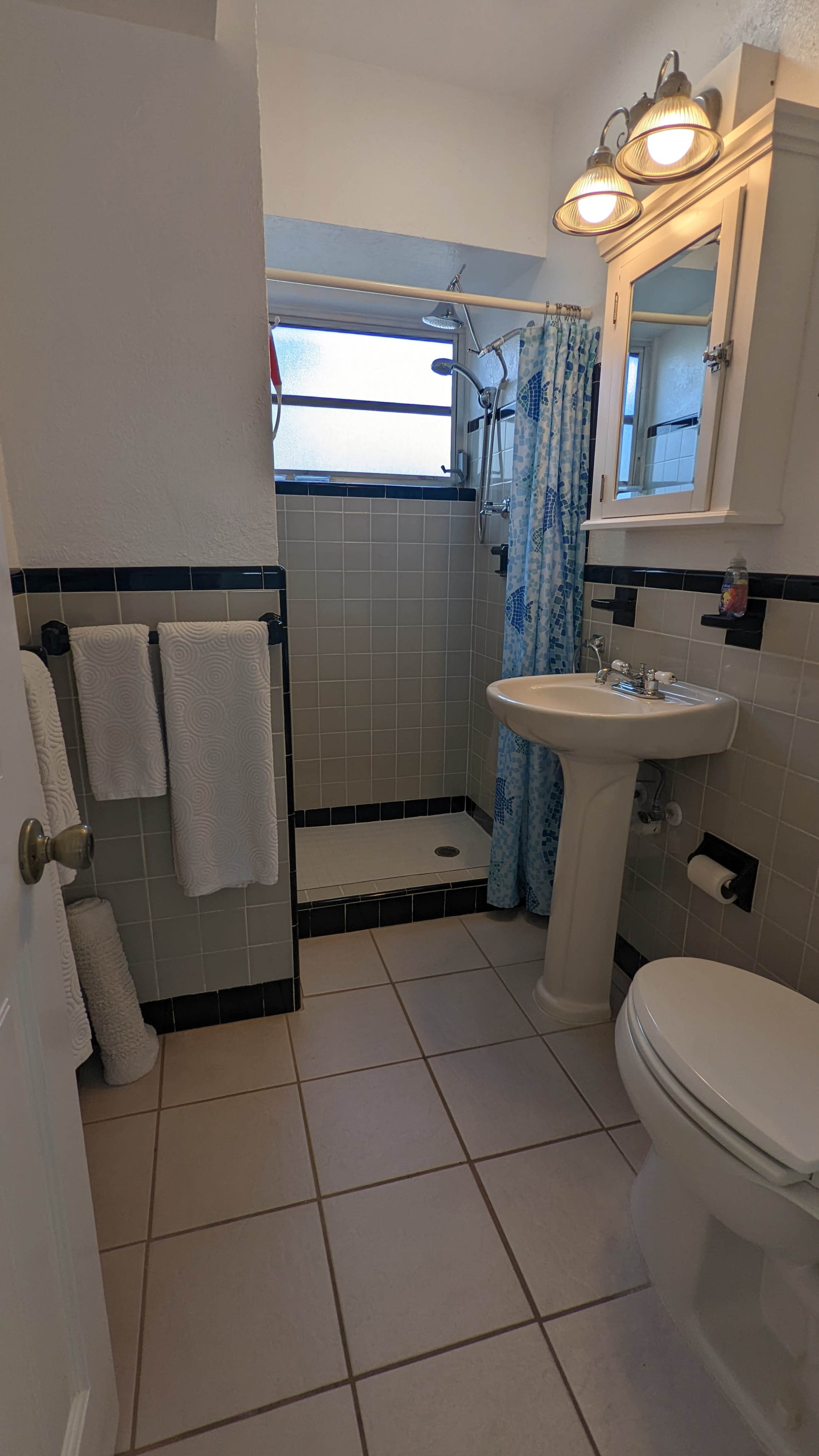 A small bathroom featuring a shower, sink, toilet, and towels hanging near the shower stall.