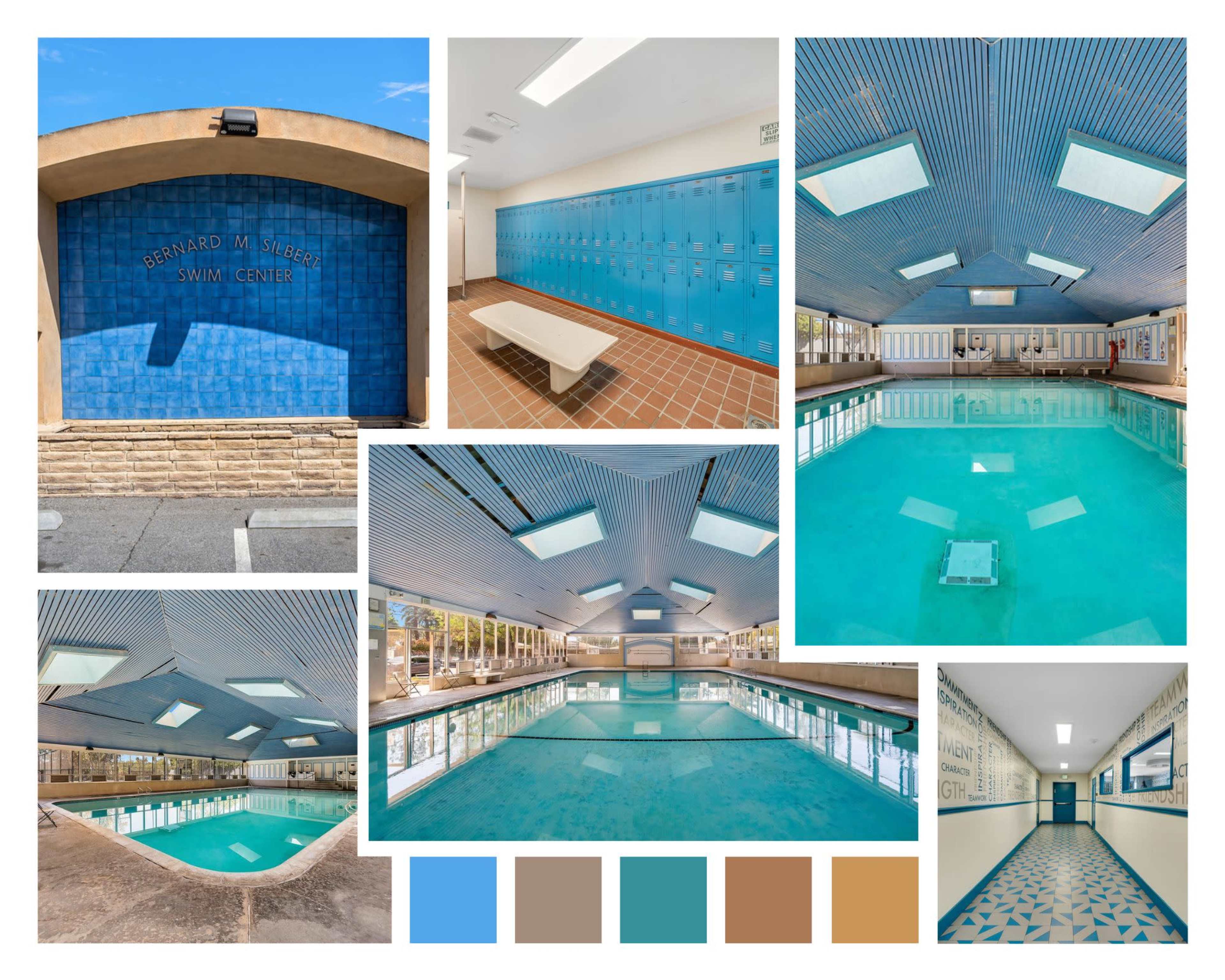 A collage of a swimming center, showcasing its entrance, classrooms, lockers, and various angles of the pool area.