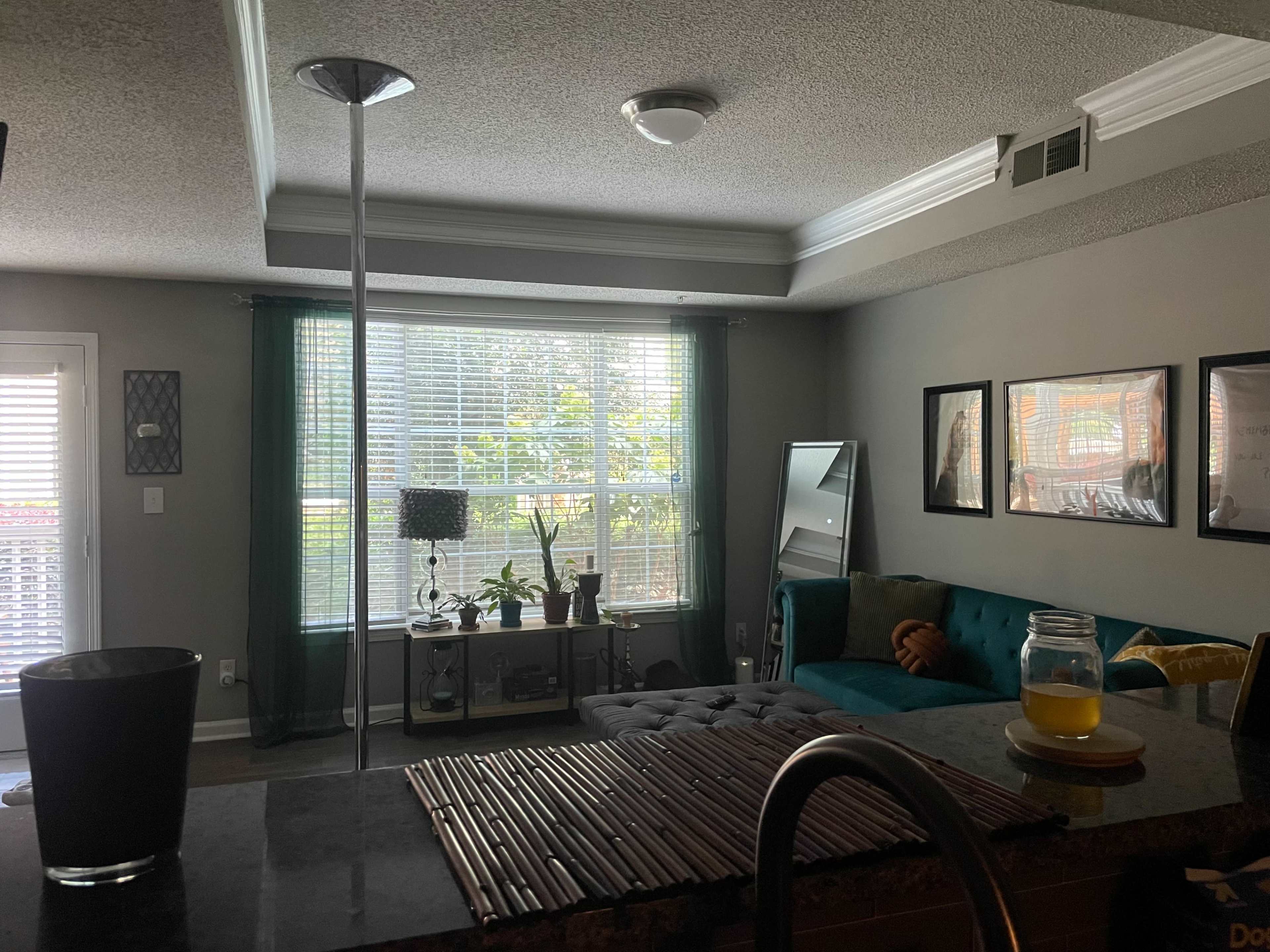 The image shows a living room area with a green sofa, large windows displaying greenery outside, and a decorative wall featuring framed pictures.