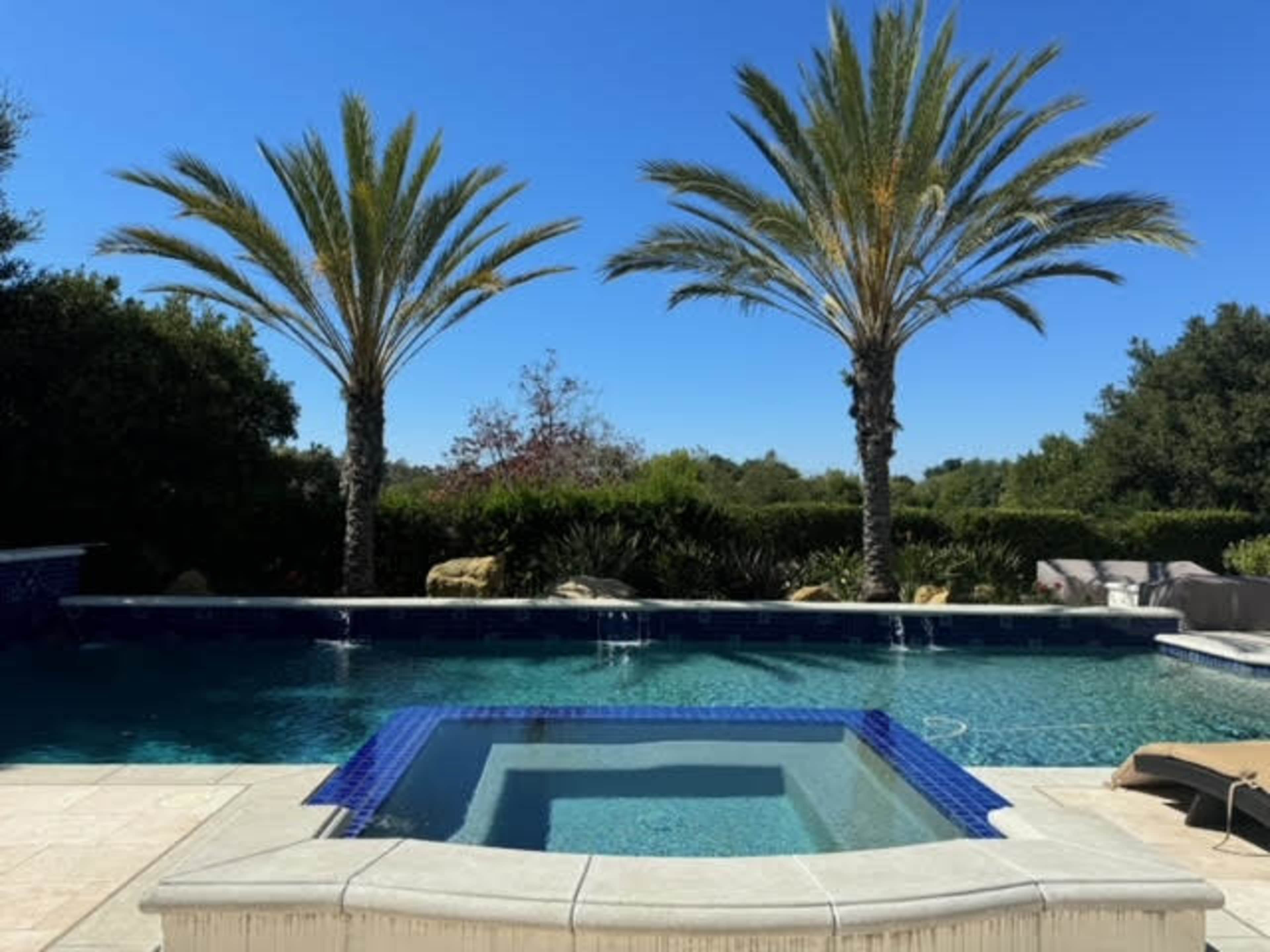 Mediterranean outdoor space with separate garden courtyard and backyard with a pool and spa.  It is surrounded by pal trees, olive trees, fruit trees, cypress trees.  Expansive and open back yard with endless views. Image in Turtle Rock, IRVINE, CA