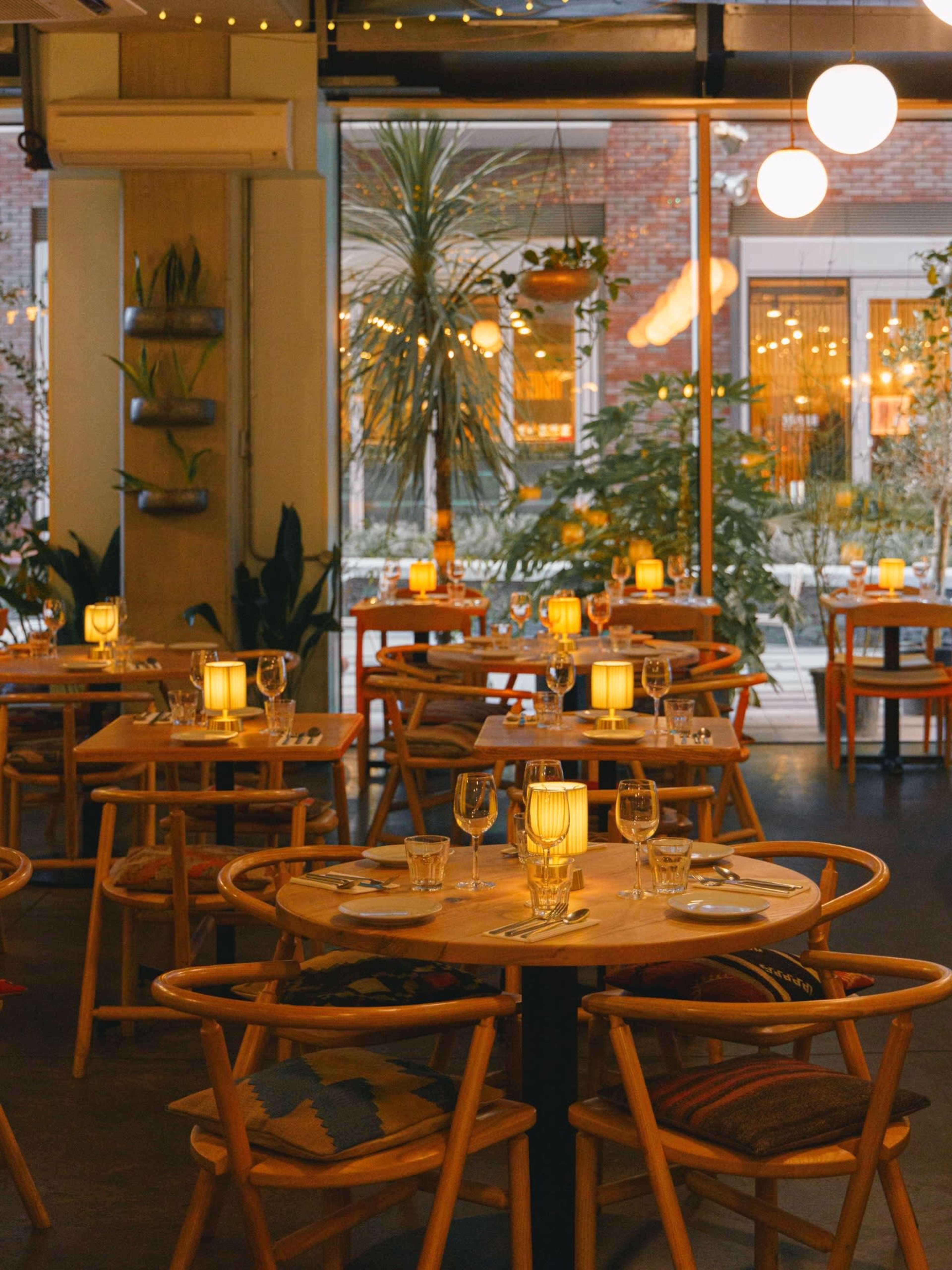 The image shows a warmly lit restaurant interior with wooden tables set for dining, surrounded by plants and large windows.