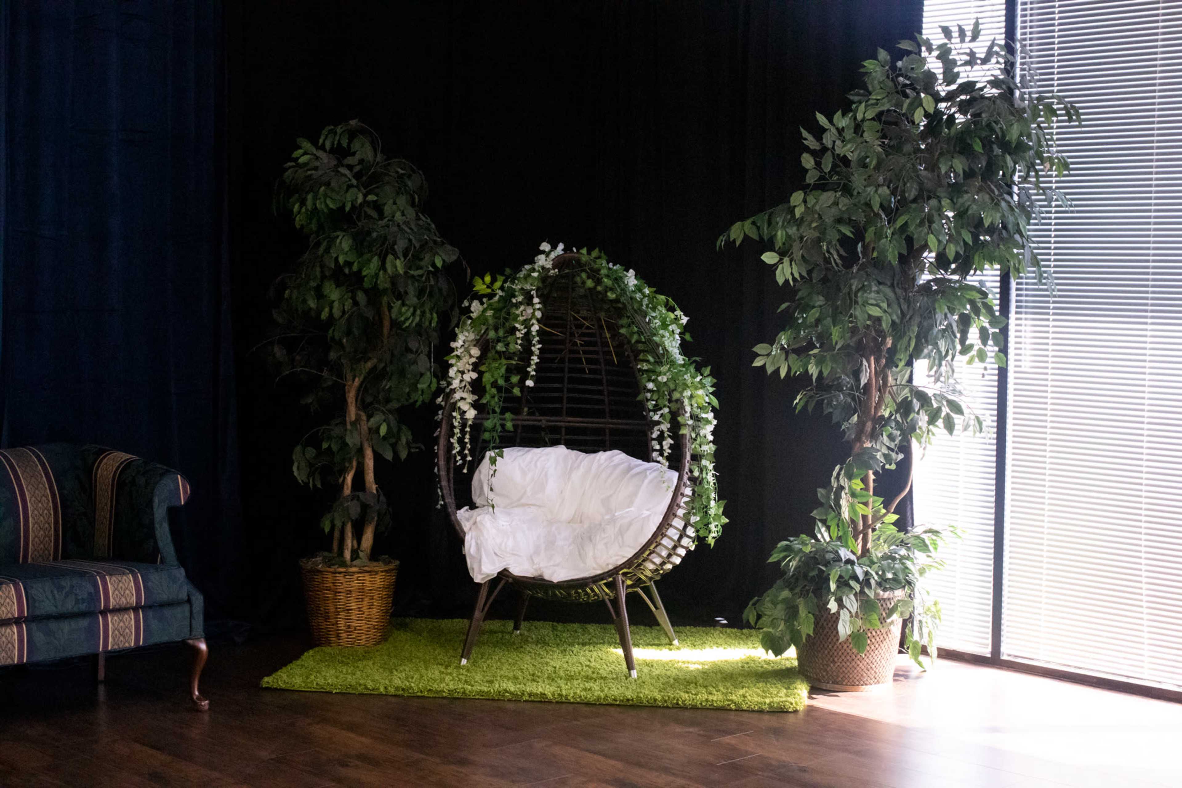 A hanging chair surrounded by potted plants and a green rug is positioned in a well-lit room with large windows.