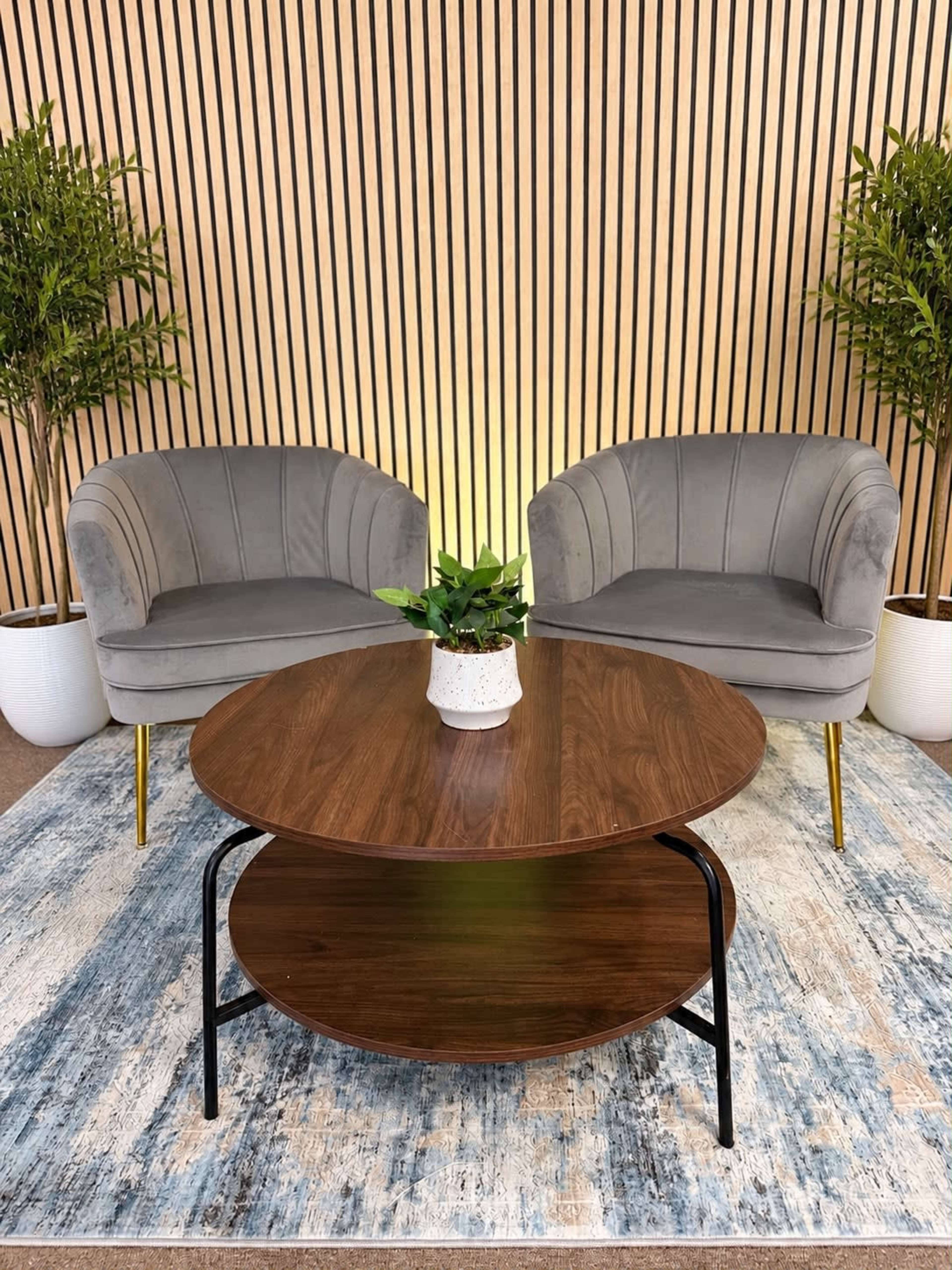 The image shows a cozy seating area with two gray upholstered chairs flanking a round wooden coffee table on a patterned blue rug, with a small potted plant in the center.