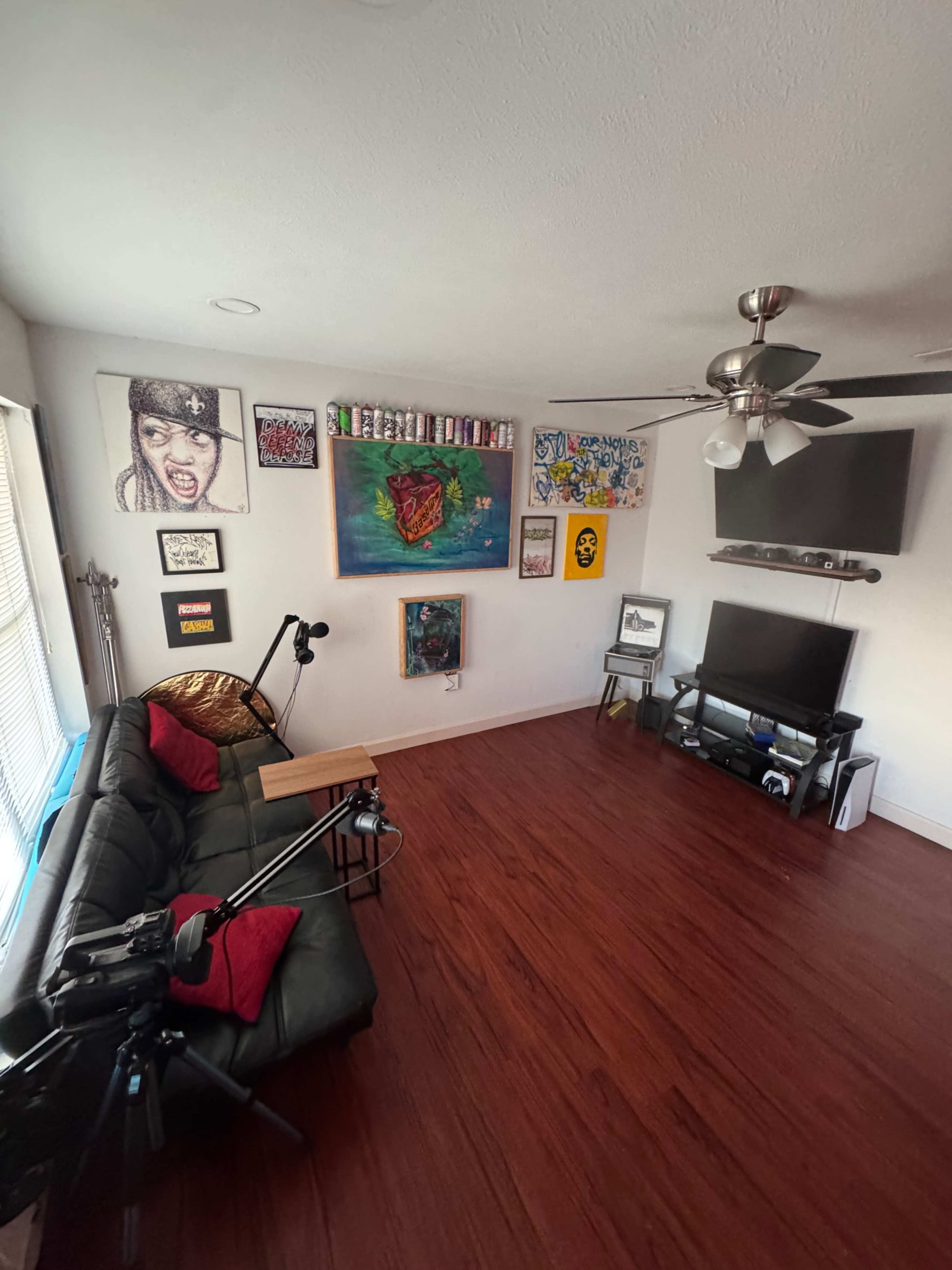 The image shows a living room with a dark couch, colorful wall art, a television mounted on the wall, and a ceiling fan.