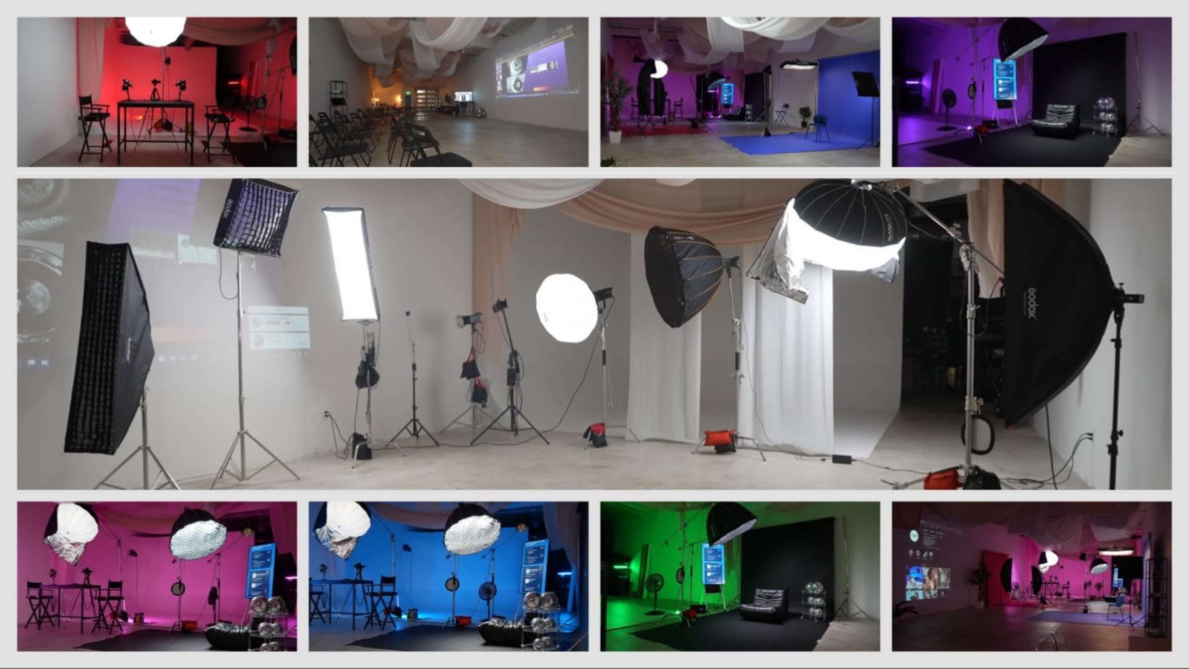 A photography studio set up with various lighting equipment and colorful backdrops for a photo shoot.